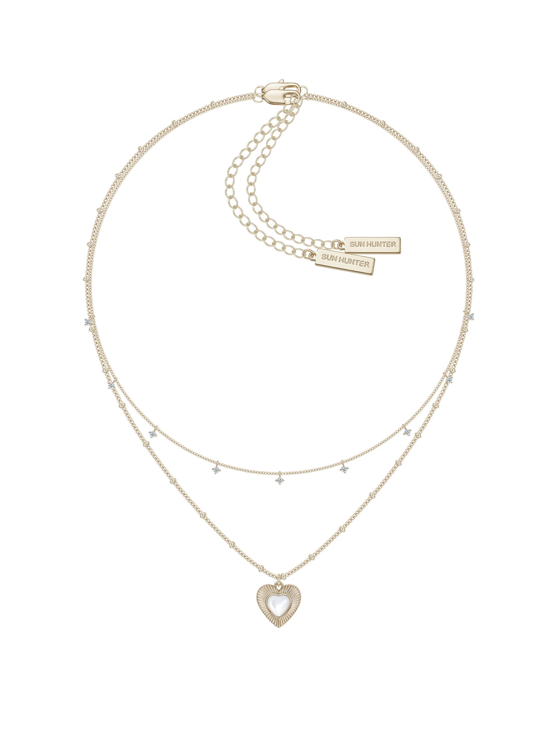Two-Layer Star CZ & Sunburst Heart Mother of Pearl Pendant Necklace, Pale Titanium Gold Stackable Adjustable Chain for Women  LUNA-X255
