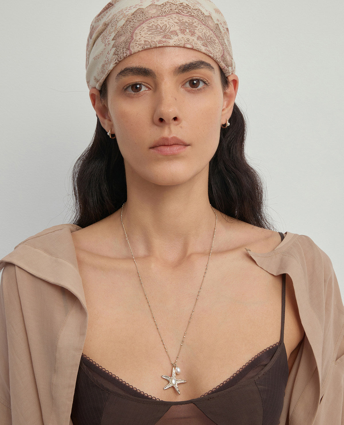 Ocean Series Textured Starfish Pendant Necklace, Two Sizes Pale Titanium Gold with Freshwater Pearl & Mother of Pearl Adjustable Chain for Women   LUNA-X261