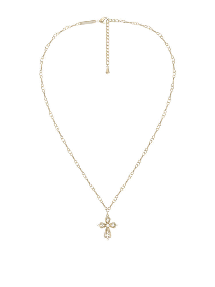 Vintage Filigree Hollow Cross CZ Pendant Necklace, Two-Tone Adjustable Paperclip Chain for Women   LUNA-X262