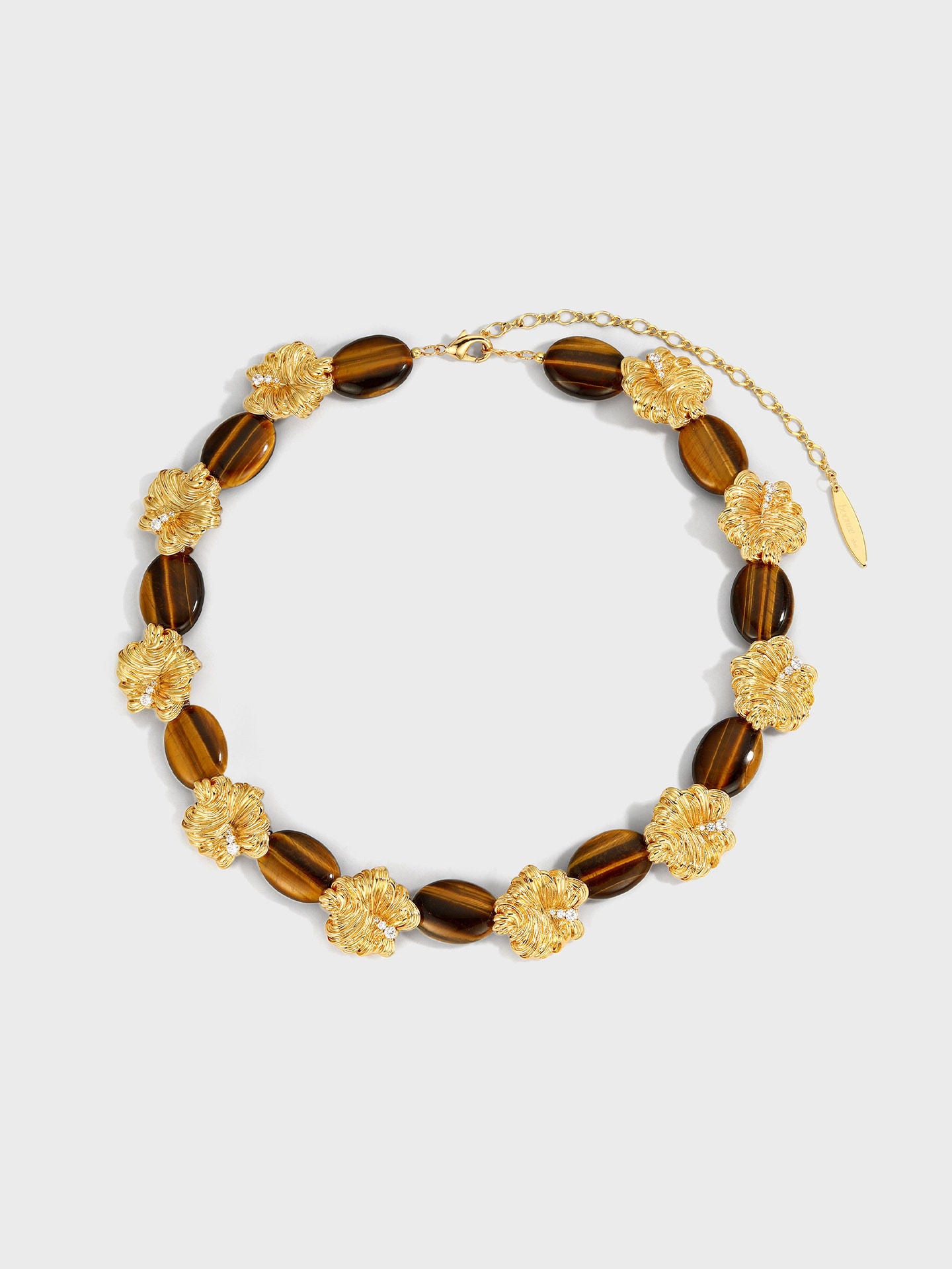 Vintage Gold Flower Tiger Eye Beaded Choker Necklace for Women, Inlaid Cubic Zirconia Natural Tiger Eye Stone Adjustable 46+10cm Extension Chain Retro Statement Layerable Fashion Jewelry Gift  LUNA-X296