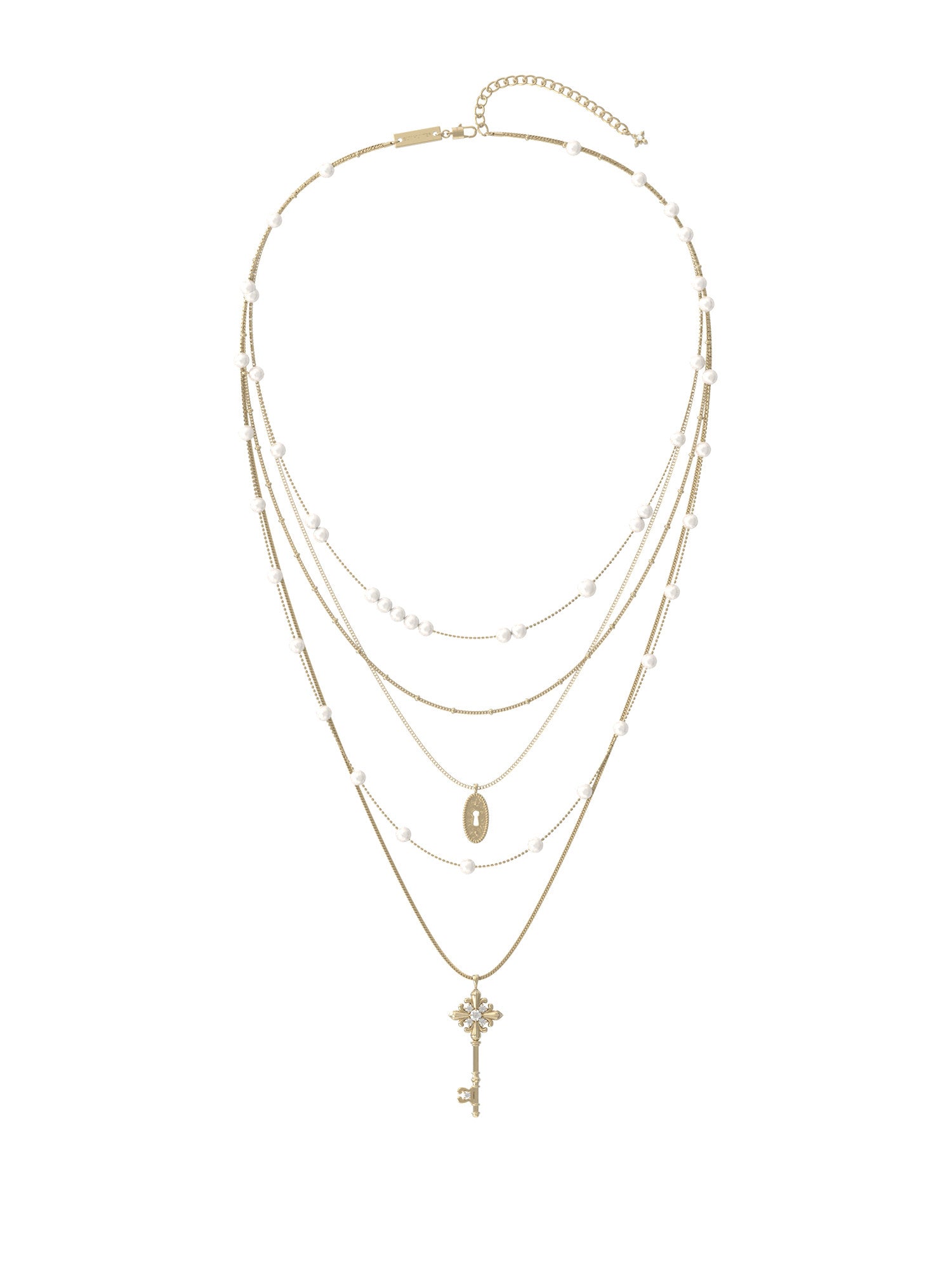 Women's 4-Layer Stacked Necklace with Faux Pearl & Vintage Key Lock Pendants, Two-Tone Pale Titanium Gold / Silver, Adjustable Long Chain LUNA-X259