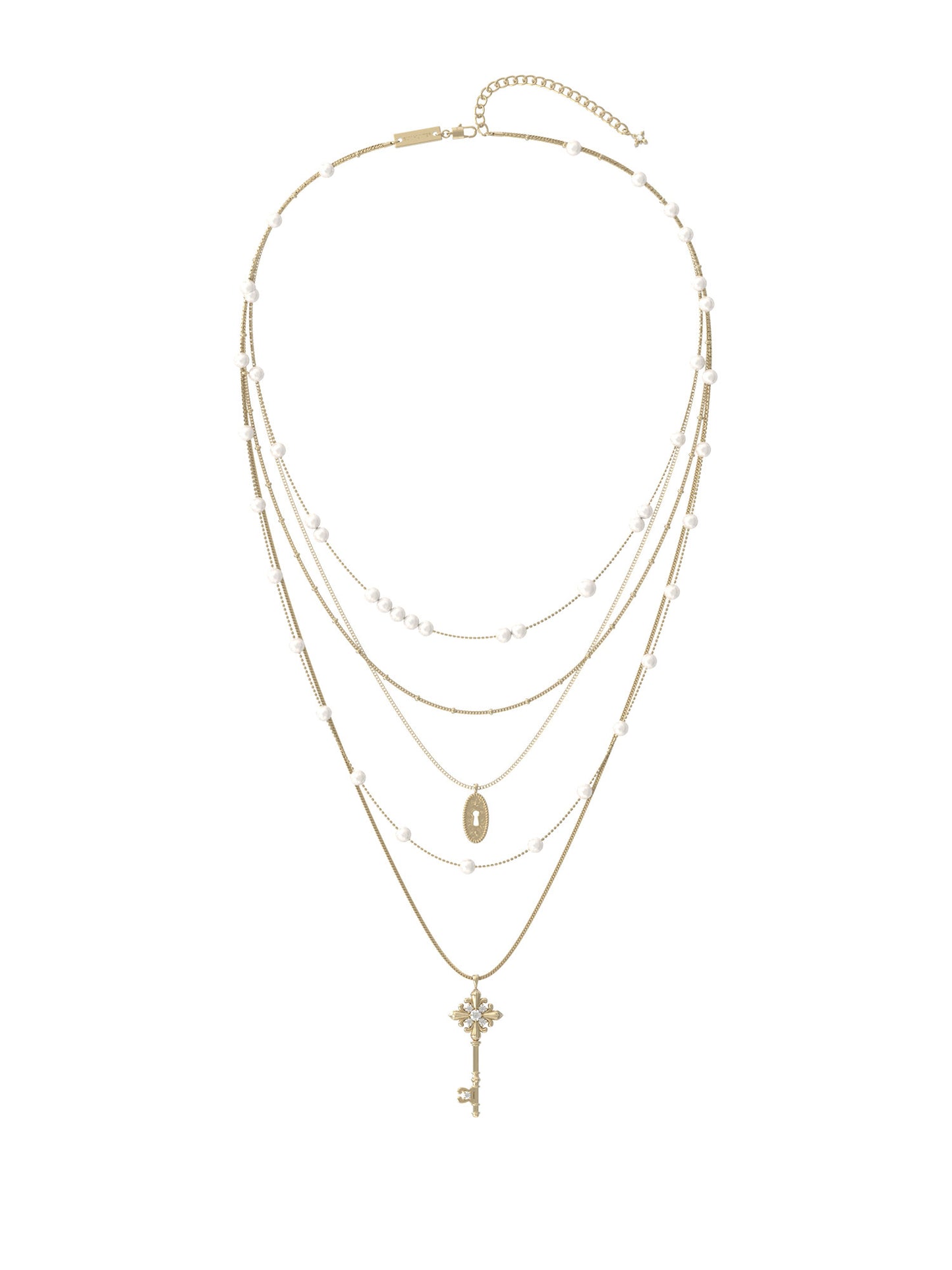 4 Layer Faux Pearl & Vintage Key Lock Pendant Stacked Necklace, Pale Titanium Gold / Silver Adjustable Long Chain for Women  LUNA-X259