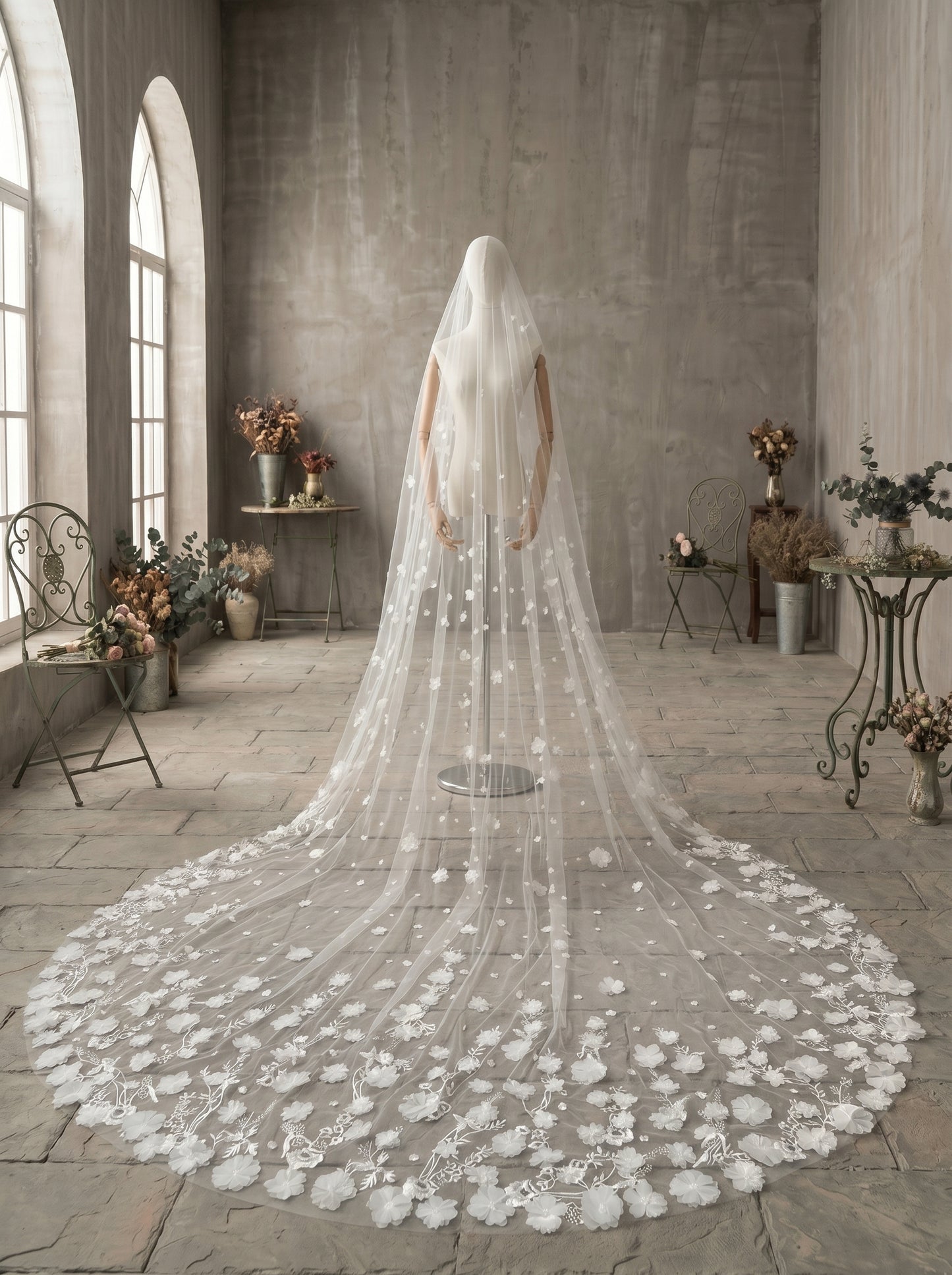 Grand 138" Single-Layer Botanical Embroidered Veil - 350cmx300cm Panoramic Cascading 3D Petals Wedding Veil, Modern Romantic Bridal Train Headpiece LUNA-X78
