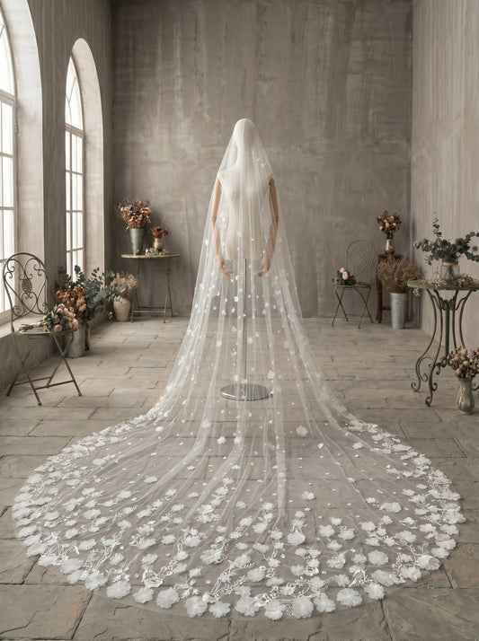 Grand 138" Single-Layer Botanical Embroidered Veil - 350cmx300cm Panoramic Cascading 3D Petals Wedding Veil, Modern Romantic Bridal Train Headpiece LUNA-X78