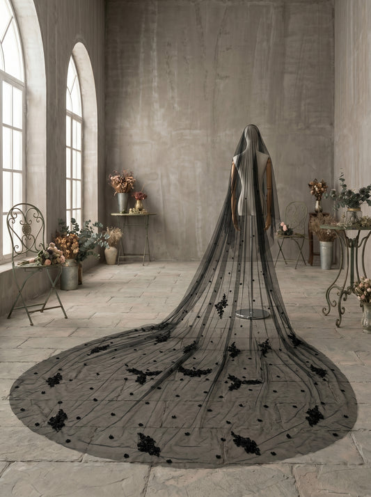 Luxury 3D Floral Black Gothic Royal Cathedral Veil with Comb - 3.5M Single Tier Swiss Dot Wedding Veil, 3M Extra-Wide Moody Bridal Veil LUNA-X82
