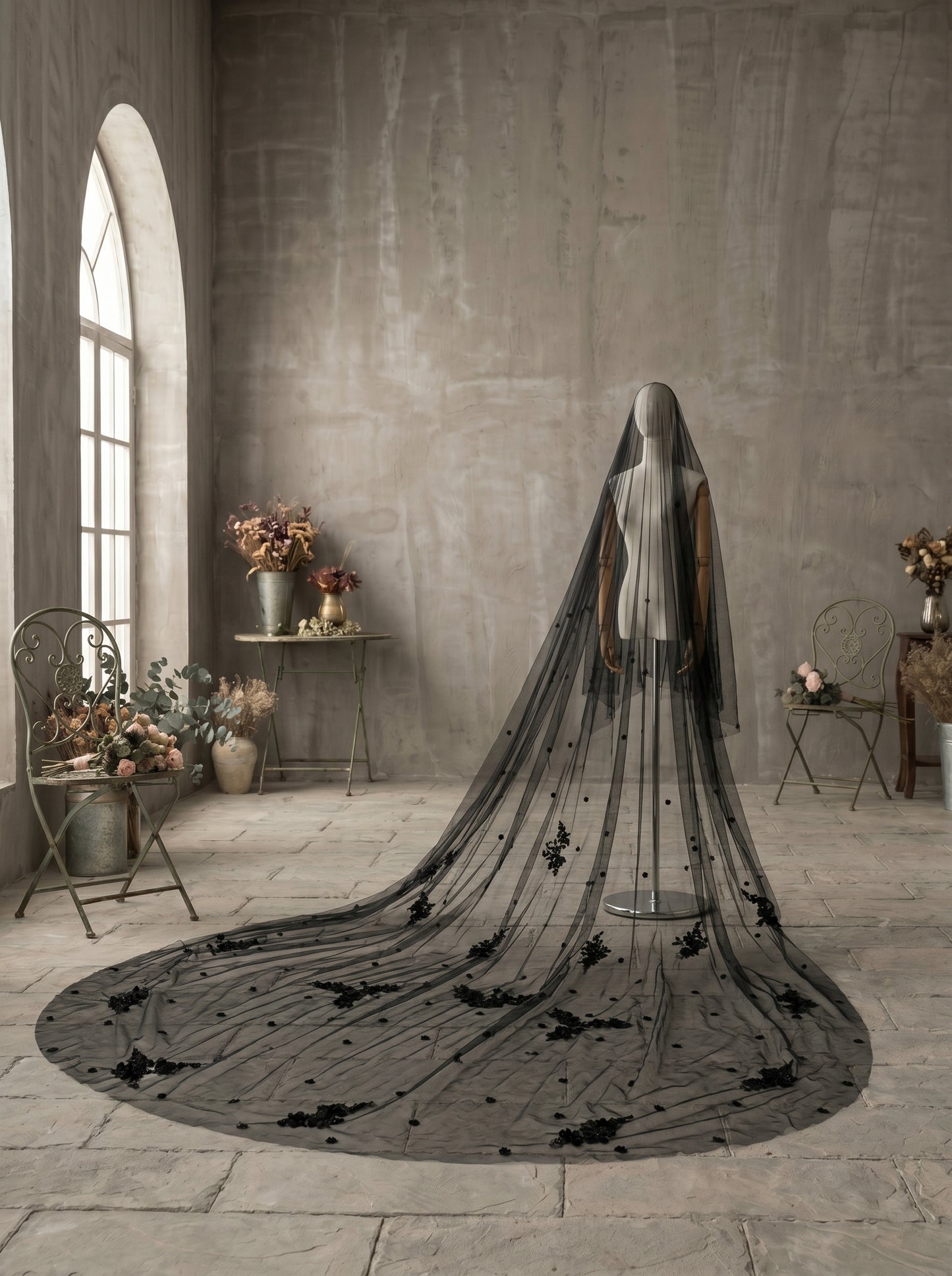 Luxury 3D Floral Black Gothic Royal Cathedral Veil with Comb - 3.5M Single Tier Swiss Dot Wedding Veil, 3M Extra-Wide Moody Bridal Veil LUNA-X82
