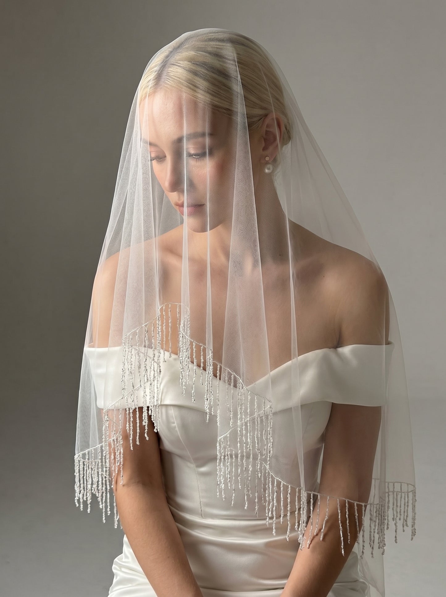 Minimalist French Vintage Drop Veil - Shoulder Length White Blusher Veil, No Comb Chic Flyaway Bridal Vei  LUNA-X17