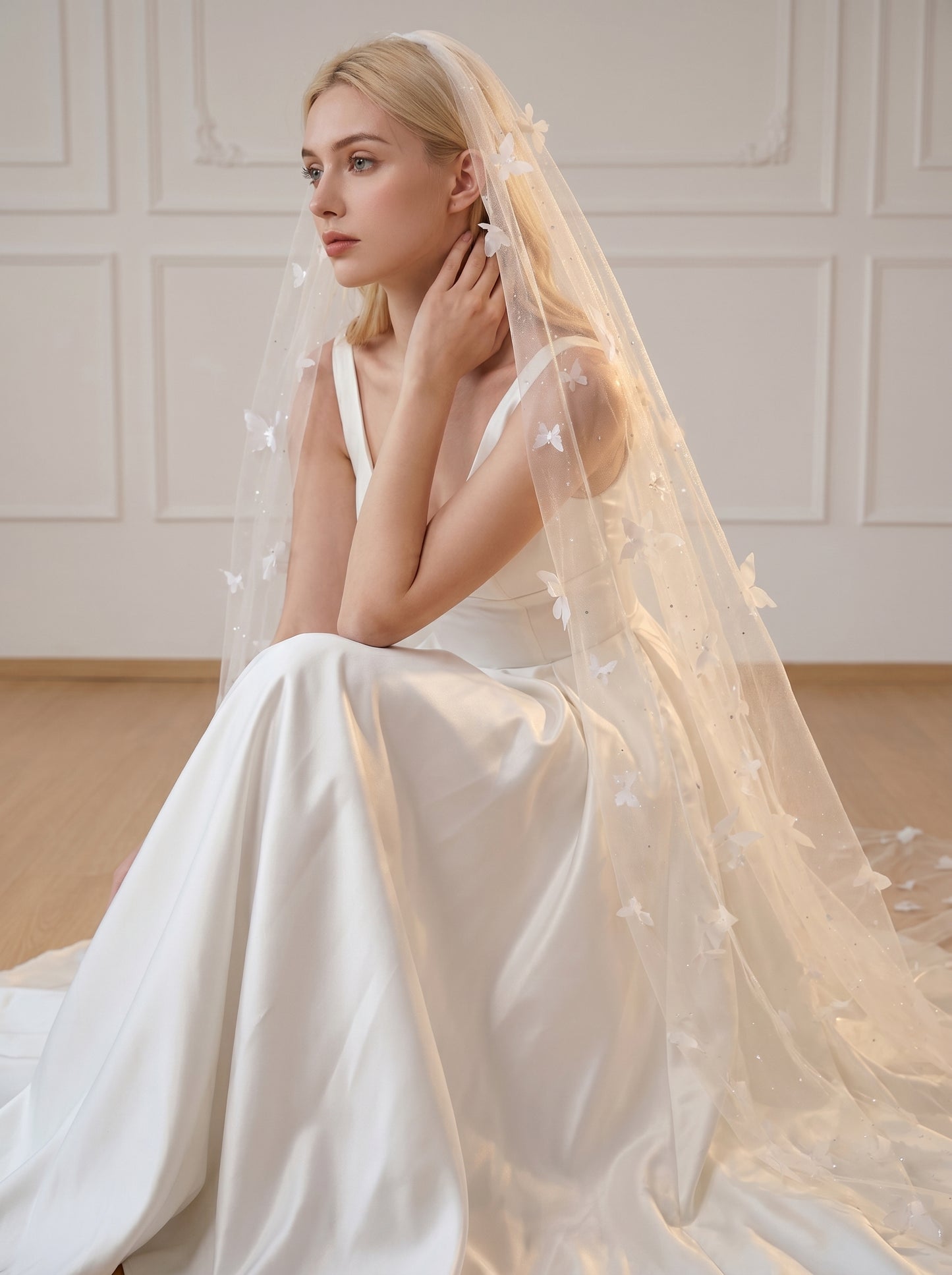 Minimalist Extra Wide Fingertip Veil - 60" x 118" Winged Drop Veil, No Comb for Cloud-Like Bridal Styling  LUNA-X14