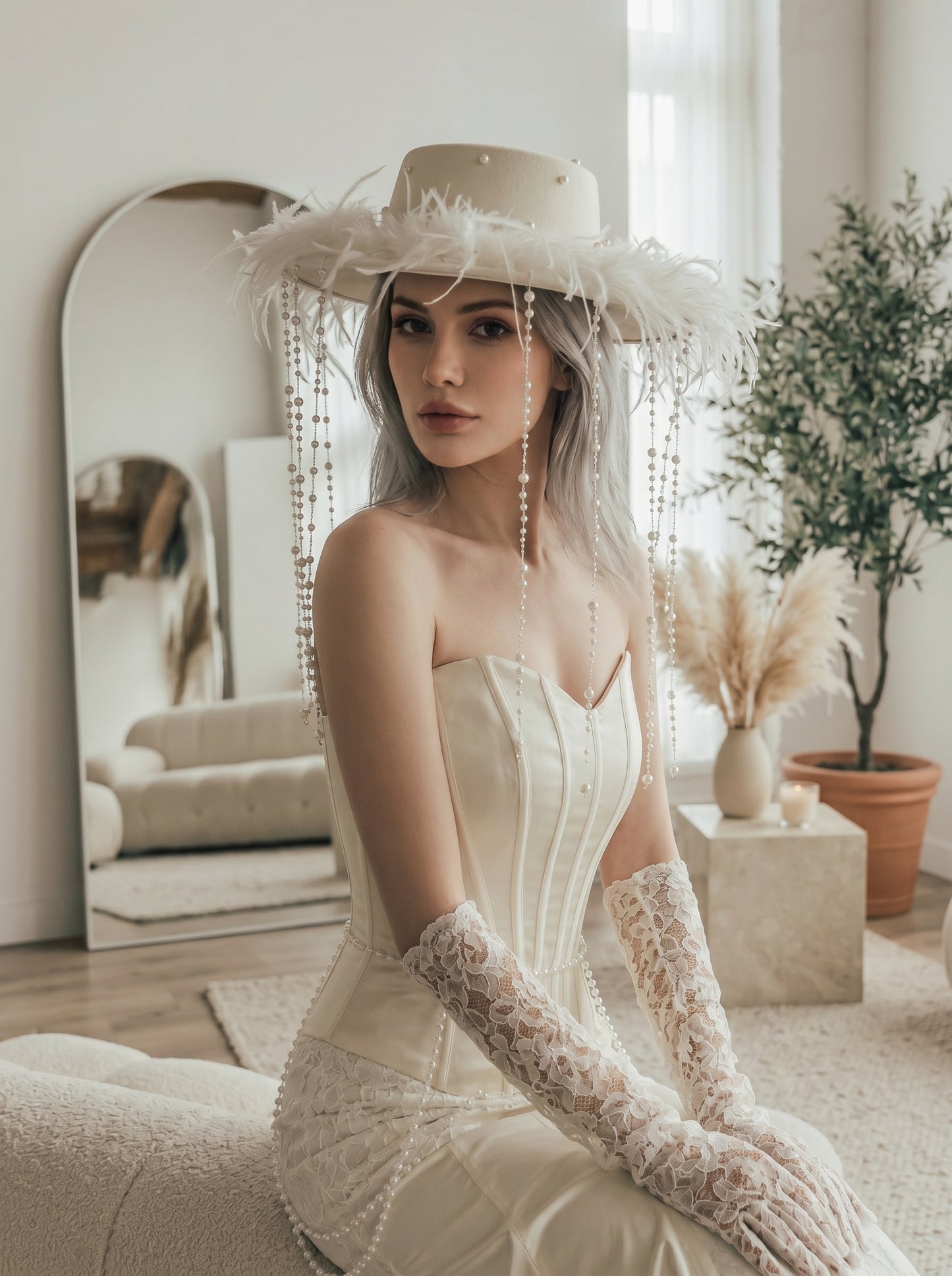 Avant-Garde Wide-Brim Bridal Fascinator Hat - Structured Off-White Wedding Cap with Shimmering Pearl Strands and Fluffy Feathers  LUNA-X198