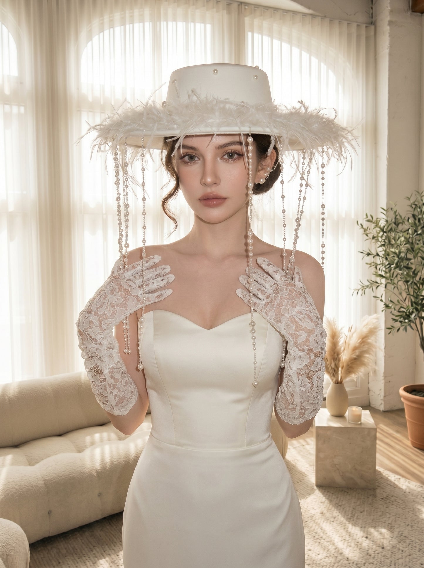 Avant-Garde Wide-Brim Bridal Fascinator Hat - Structured Off-White Wedding Cap with Shimmering Pearl Strands and Fluffy Feathers  LUNA-X198