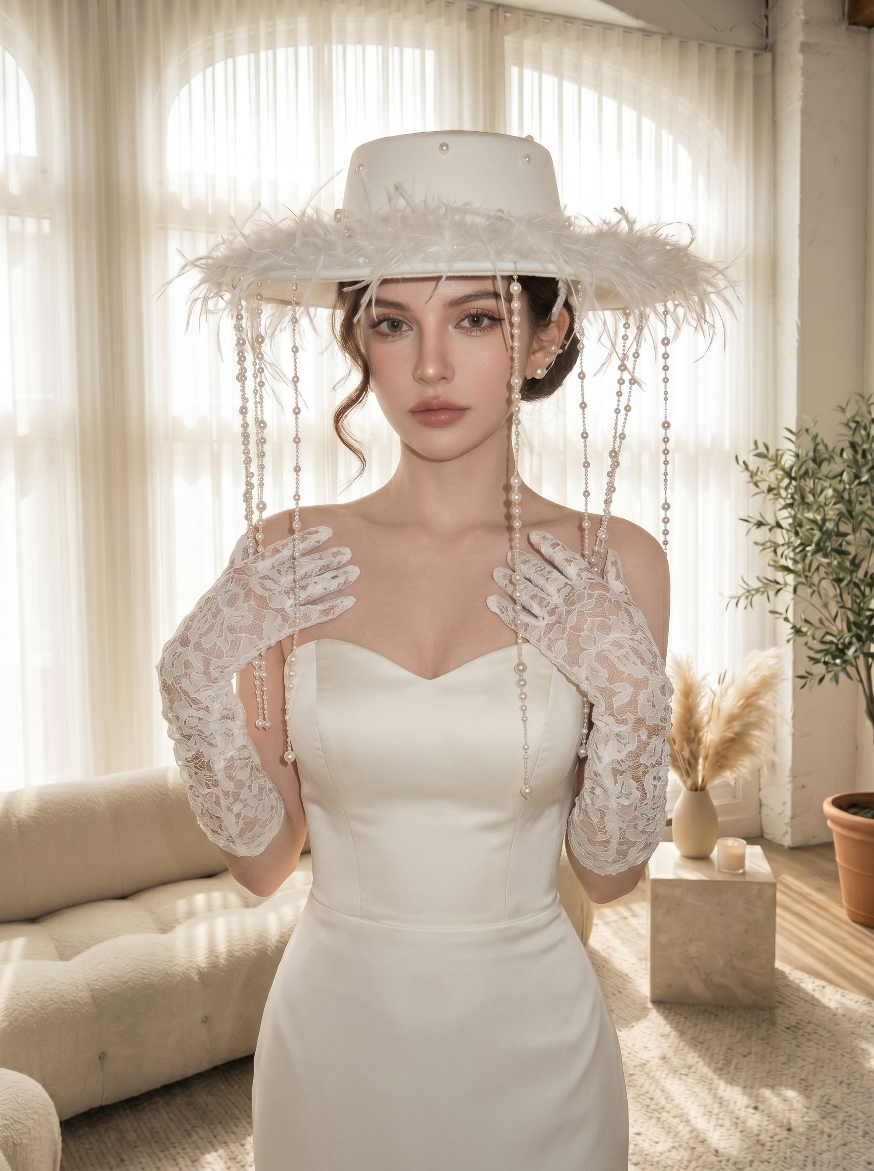 Avant-Garde Wide-Brim Bridal Fascinator Hat - Structured Off-White Wedding Cap with Shimmering Pearl Strands and Fluffy Feathers  LUNA-X198