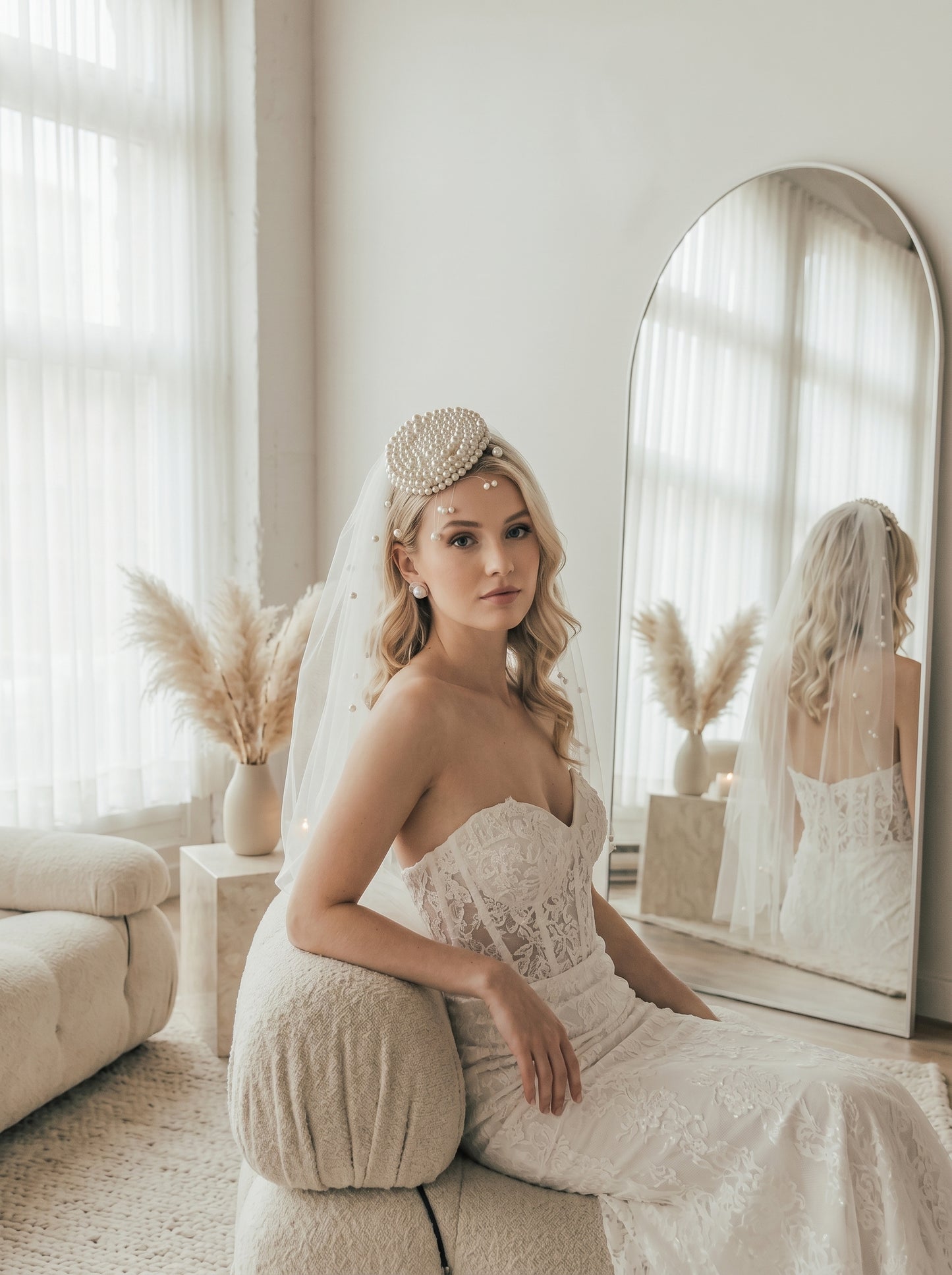 Luxury Pearlcore Bridal Bun Cover with Floating Pearl Rain - Ethereal Cluster Pearl Headpiece - Modern Statement Wedding Hair Accessory  LUNA-X235