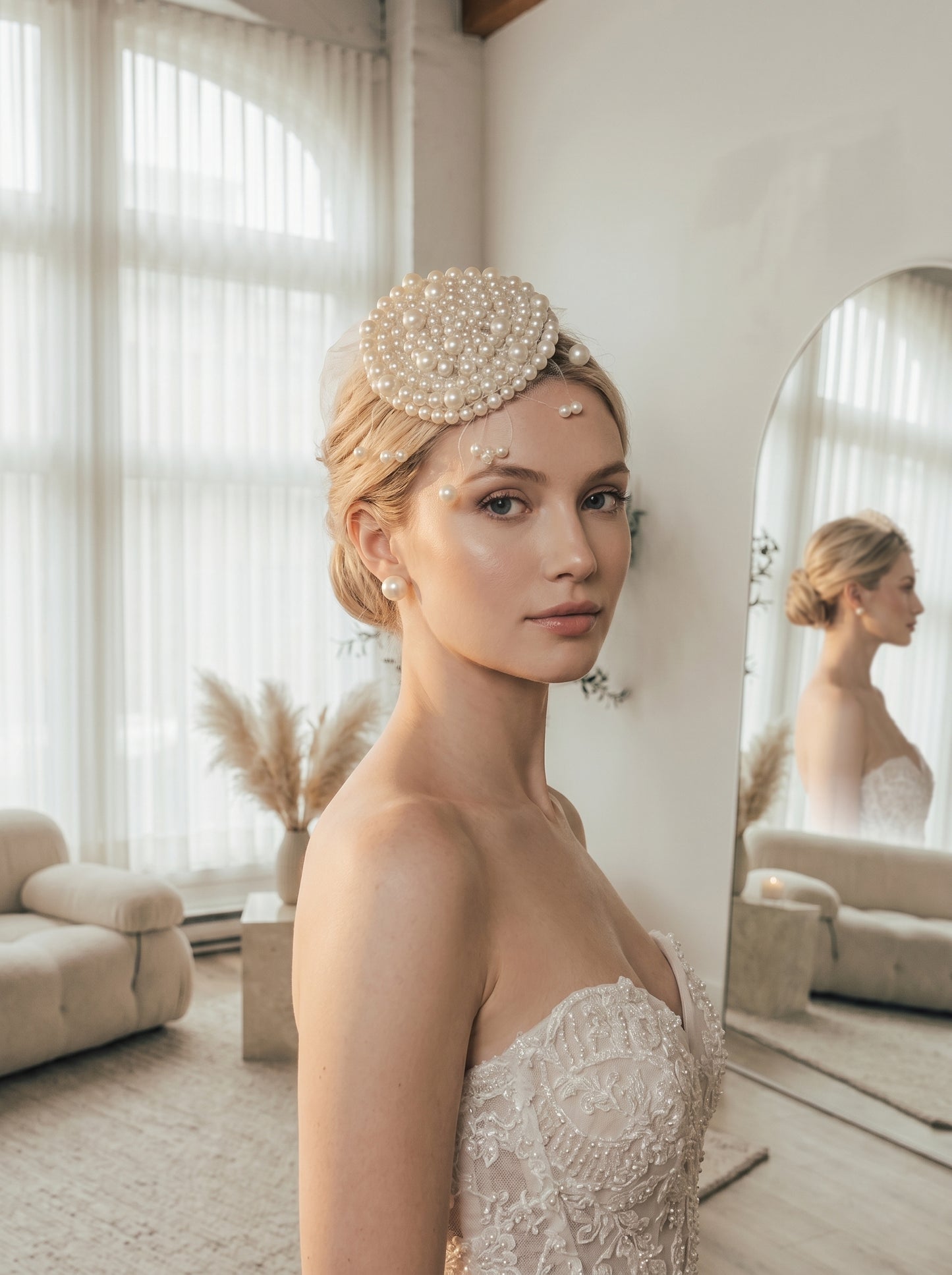 Luxury Pearlcore Bridal Bun Cover with Floating Pearl Rain - Ethereal Cluster Pearl Headpiece - Modern Statement Wedding Hair Accessory  LUNA-X235