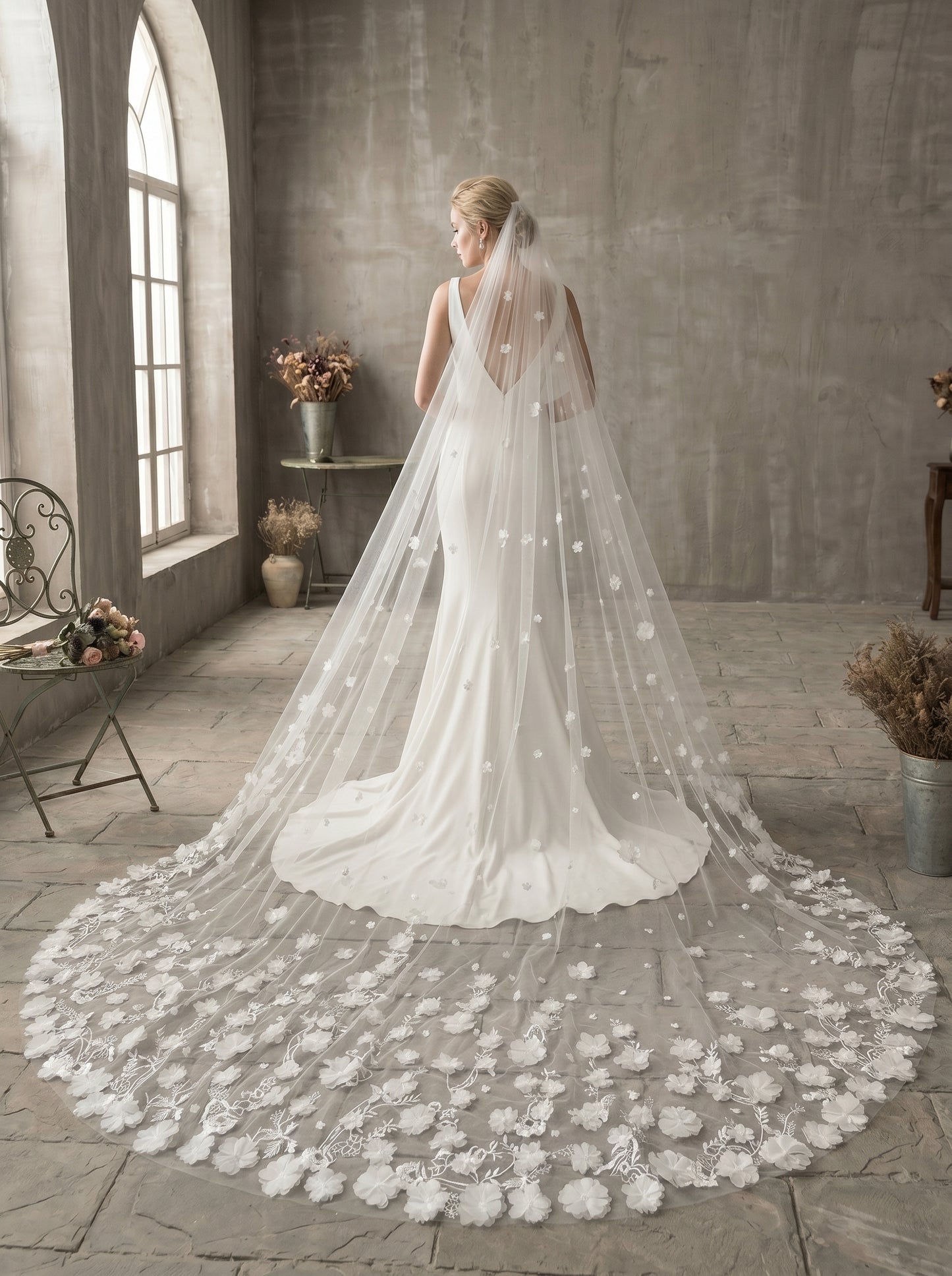Grand 138" Single-Layer Botanical Embroidered Veil - 350cmx300cm Panoramic Cascading 3D Petals Wedding Veil, Modern Romantic Bridal Train Headpiece LUNA-X78