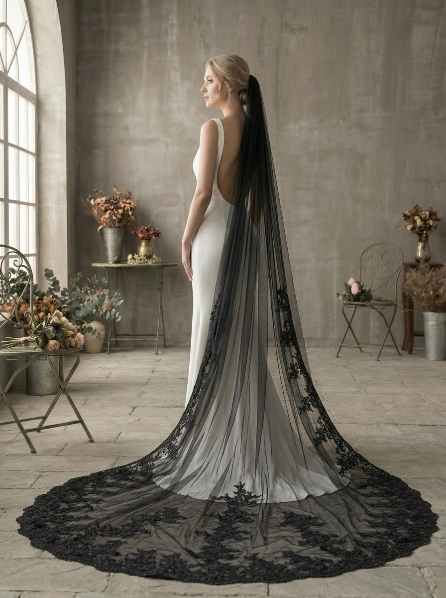 One Tier Black Cathedral Wedding Veil for Bride, 3x2.5 Meters Soft Tulle Large Lace Edge Sparkly Veil with Comb, Ivory/Stark White Contrast LUNA-X65