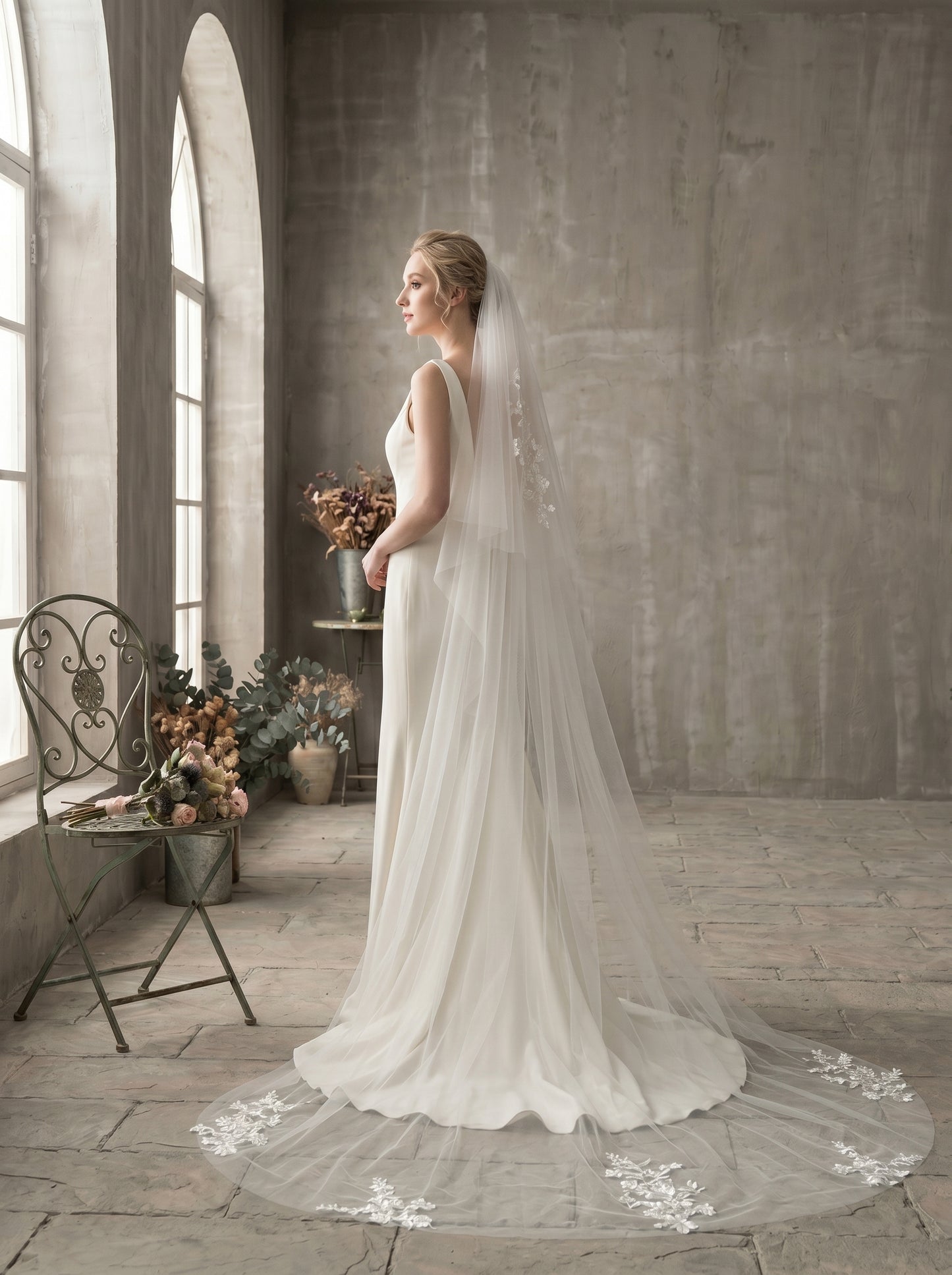 Luxury 2-Tier Cathedral Veil with Blusher - Milk White Swiss Tulle Wedding Veil with Comb, Medallion Lace Applique Bride Headpiece LUNA-X66