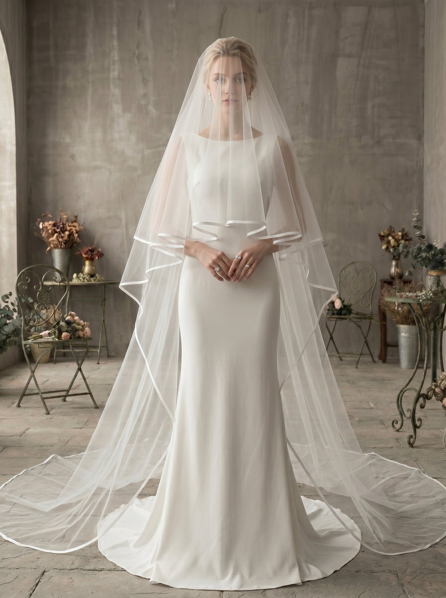 Luxury 2-Tier Structured Cathedral Veil with Blusher - Milk White Crisp Illusion Tulle Wedding Veil with Comb, High-Volume Satin Ribbon Edge Bridal Veil  LUNA-X75