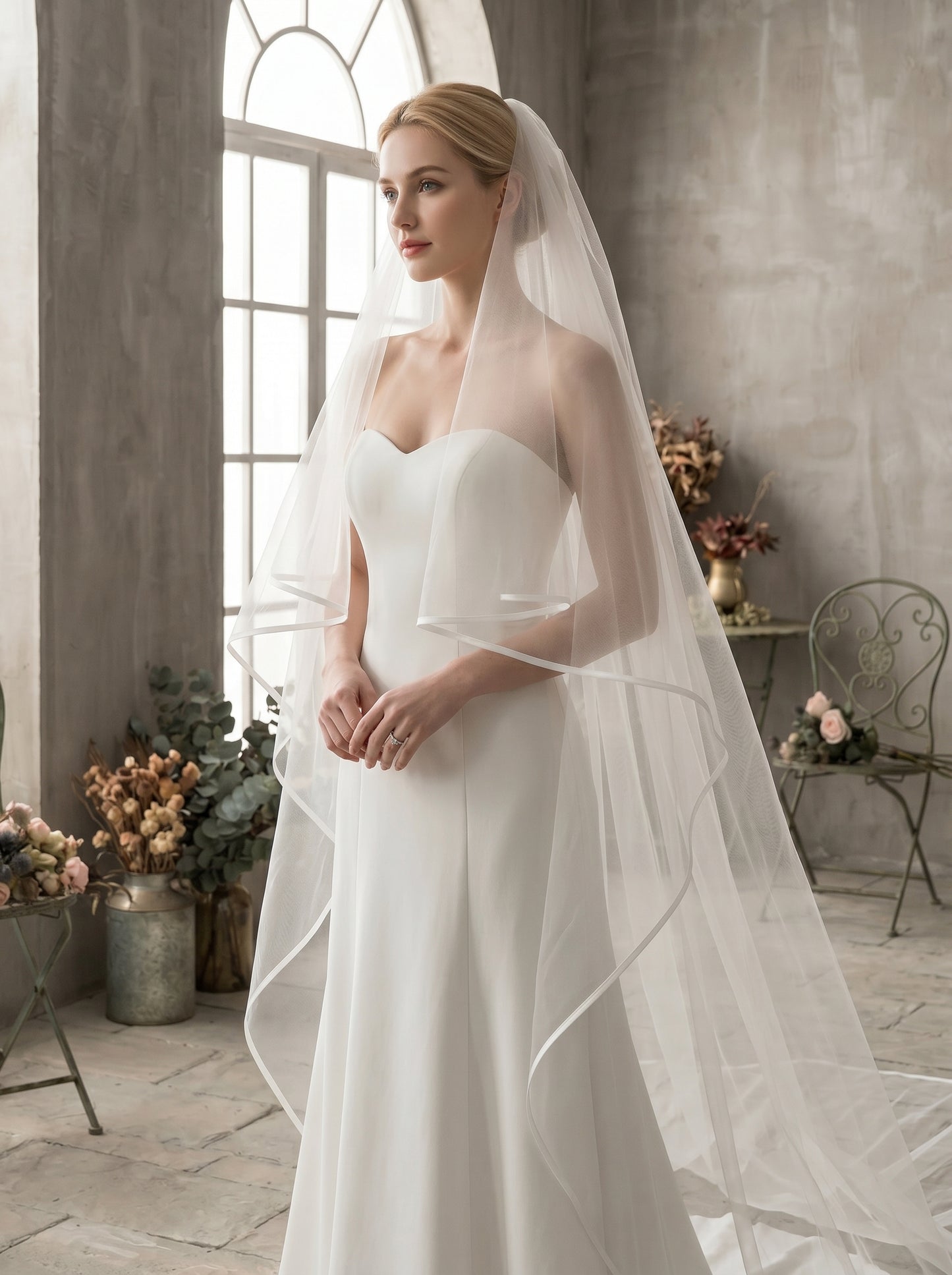 Luxury 2-Tier Structured Cathedral Veil with Blusher - Milk White Crisp Illusion Tulle Wedding Veil with Comb, High-Volume Satin Ribbon Edge Bridal Veil  LUNA-X75