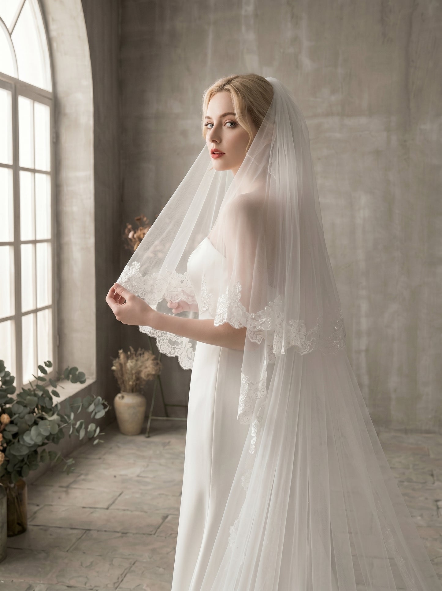 Royal 3.8M Grand Cathedral Veil with Blusher - 150" Extra Wide Milk White Swiss Tulle Wedding Veil with Comb, Heavy Baroque Lace Applique Bridal Veil LUNA-X74