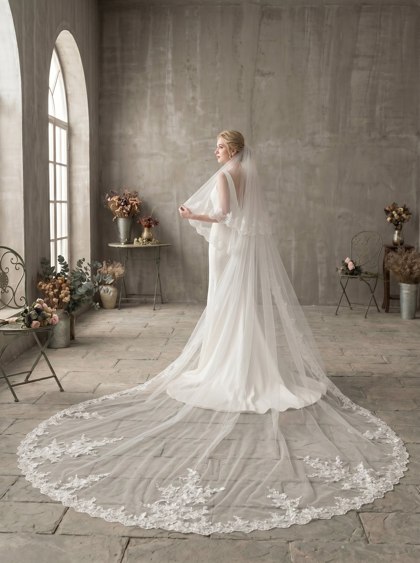 Royal 3.8M Grand Cathedral Veil with Blusher - 150" Extra Wide Milk White Swiss Tulle Wedding Veil with Comb, Heavy Baroque Lace Applique Bridal Veil LUNA-X74