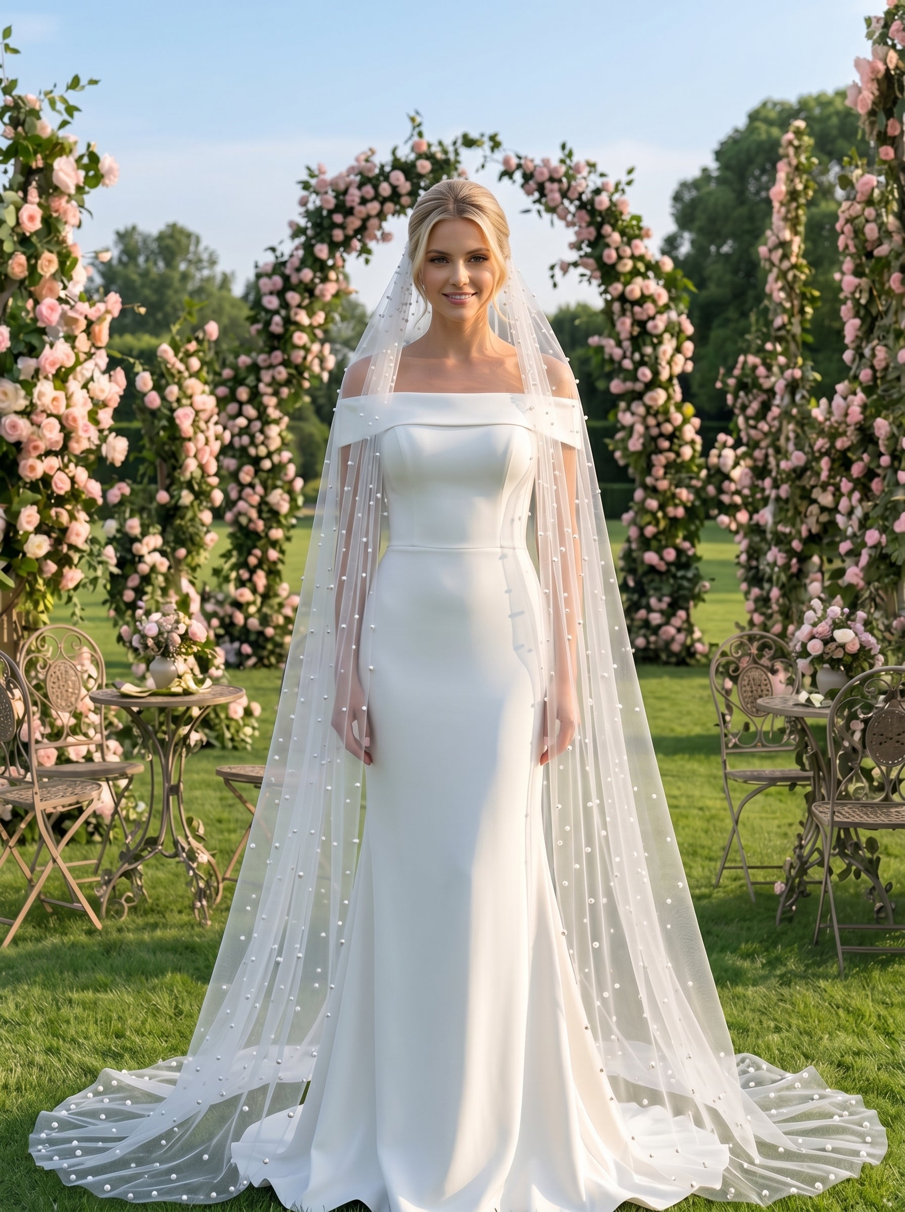 Luxury Pearl Cathedral Wedding Veil - Extra Wide 3m x 3m Full Circle Pearlcore Bridal Veil with Comb, Shimmering Scattered Pearl Veil LUNA-X62