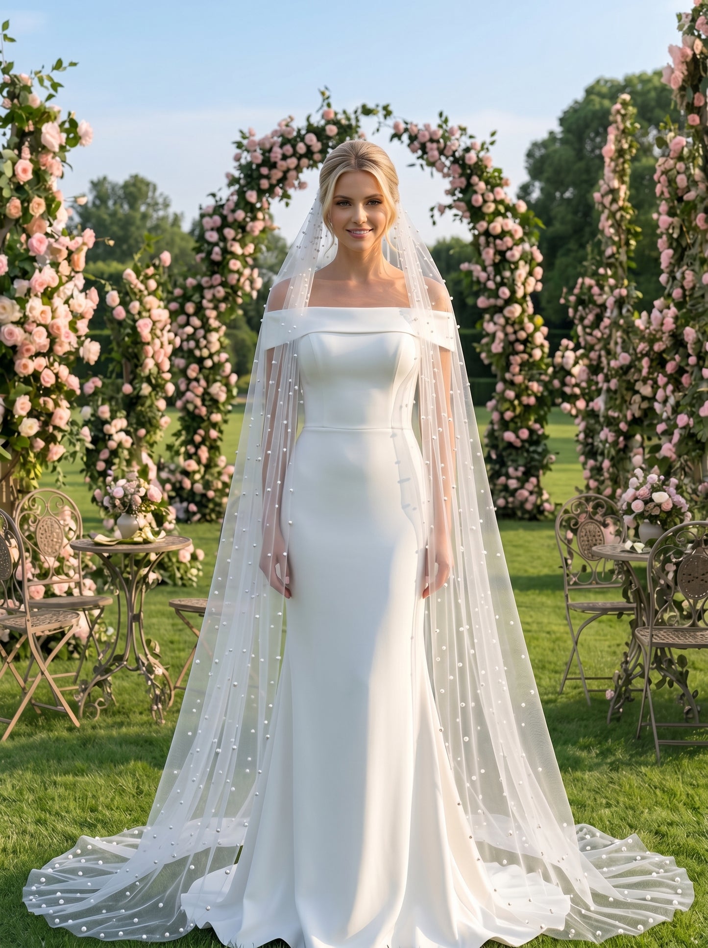 Luxury Pearl Cathedral Wedding Veil - Extra Wide 3m x 3m Full Circle Pearlcore Bridal Veil with Comb, Shimmering Scattered Pearl Veil LUNA-X62
