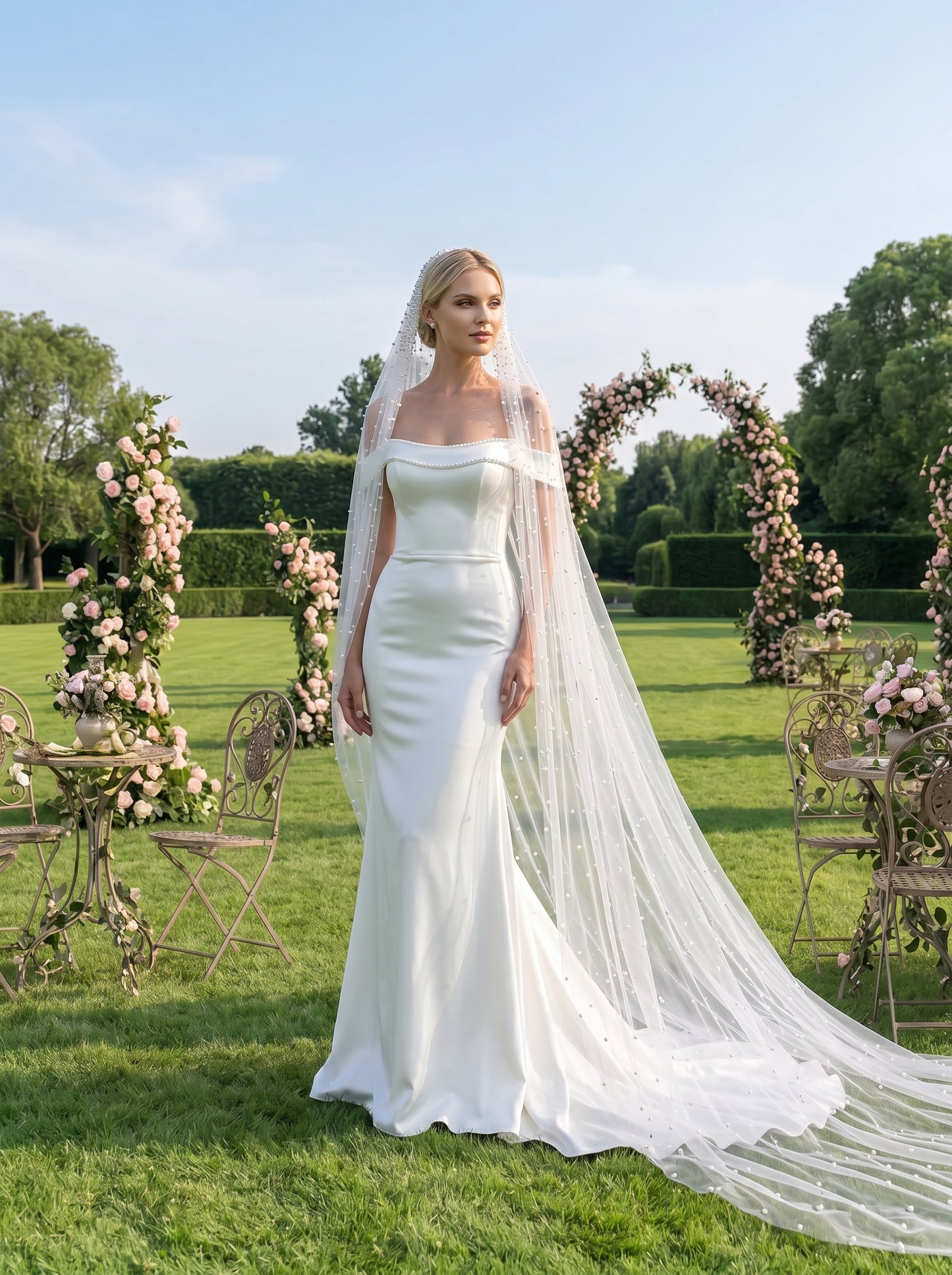 Luxury Pearl Cathedral Wedding Veil - Extra Wide 3m x 3m Full Circle Pearlcore Bridal Veil with Comb, Shimmering Scattered Pearl Veil LUNA-X62