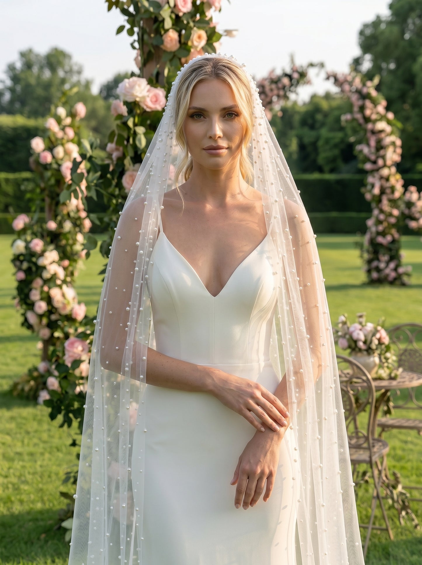 Luxury Pearl Cathedral Wedding Veil - Extra Wide 3m x 3m Full Circle Pearlcore Bridal Veil with Comb, Shimmering Scattered Pearl Veil LUNA-X62