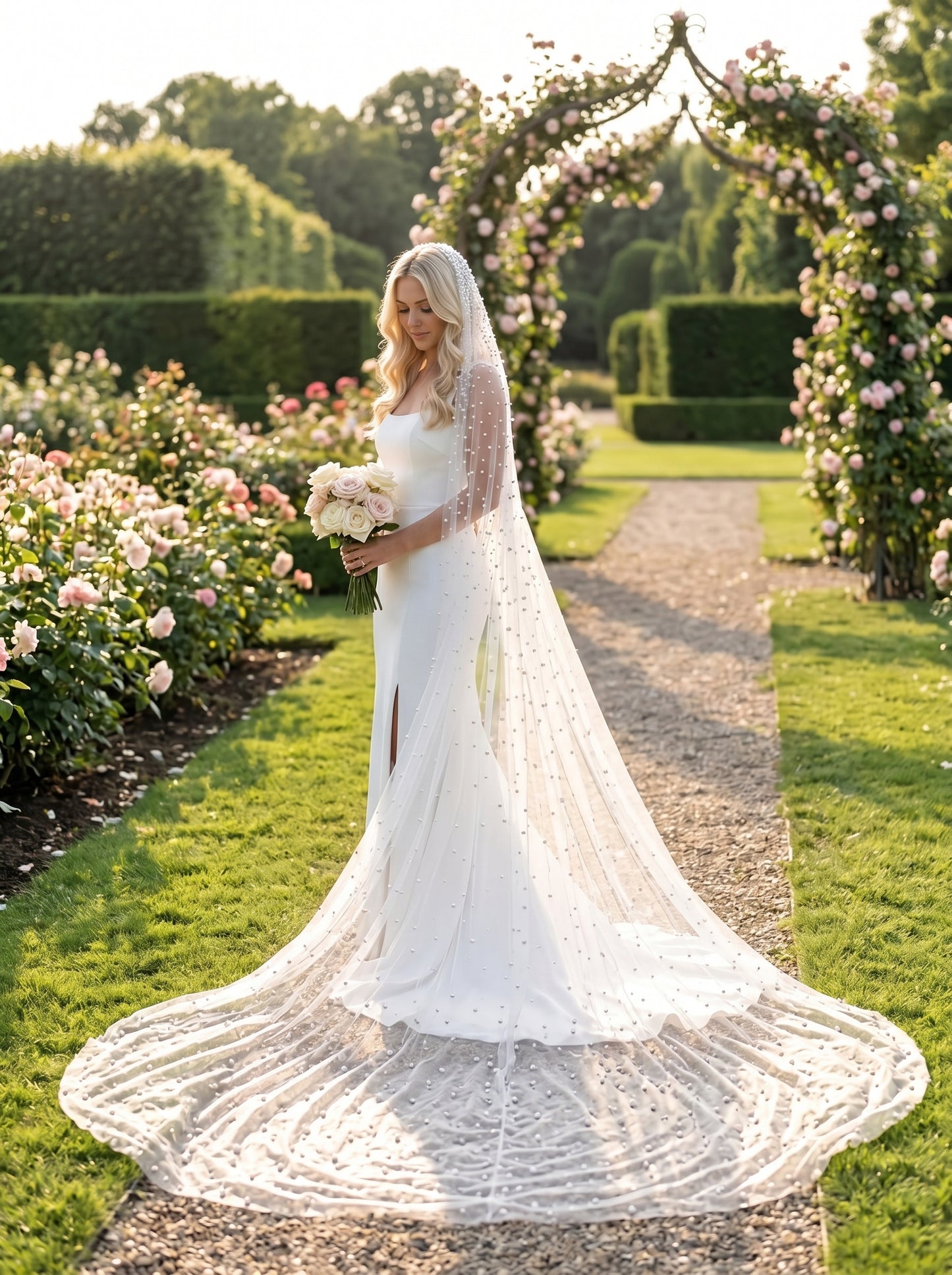 Luxury Pearl Cathedral Wedding Veil - Extra Wide 3m x 3m Full Circle Pearlcore Bridal Veil with Comb, Shimmering Scattered Pearl Veil LUNA-X62