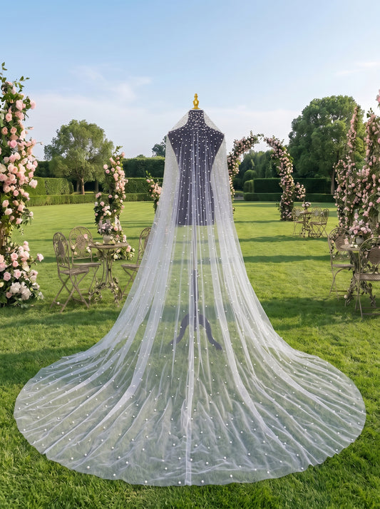 Luxury Pearl Cathedral Wedding Veil - Extra Wide 3m x 3m Full Circle Pearlcore Bridal Veil with Comb, Shimmering Scattered Pearl Veil LUNA-X62