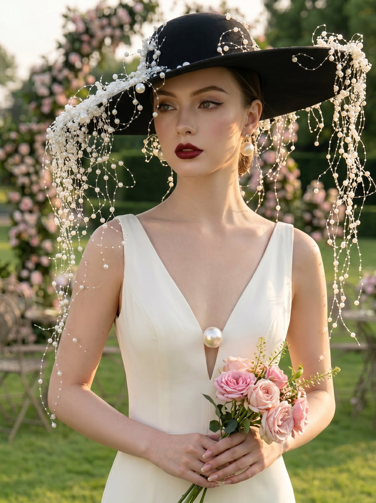 Gothic Black Wedding Hat with Pearl Galaxy Veil - Anti-Bride Statement Wide-Brim Hat with Cascading Beaded Netting  LUNA-X199