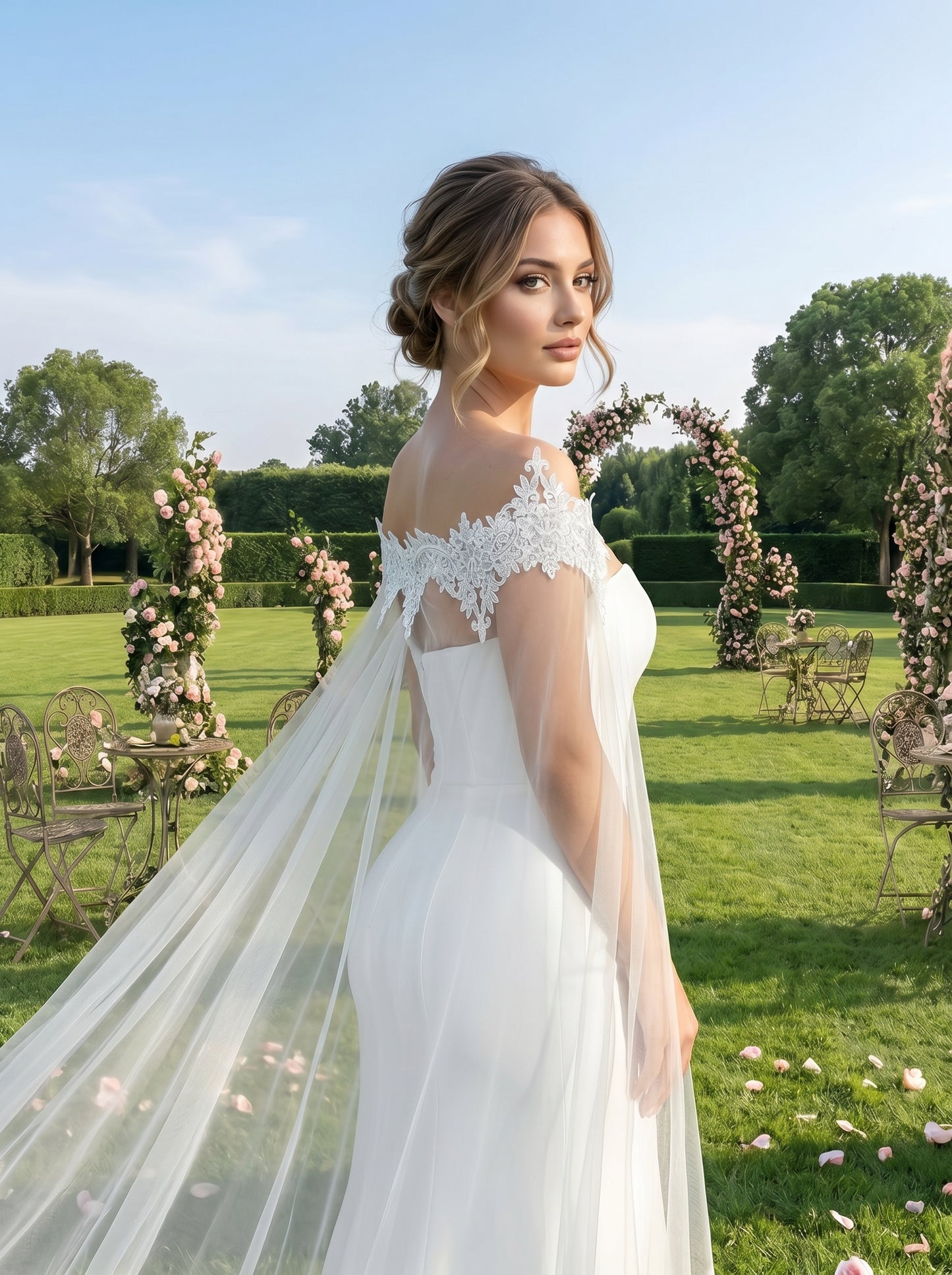 Off the Shoulder Lace Bridal Cape Veil - 300cm Cathedral Length Bardot Wedding Capelet Lightweight Illusion Mesh  LUNA-X225
