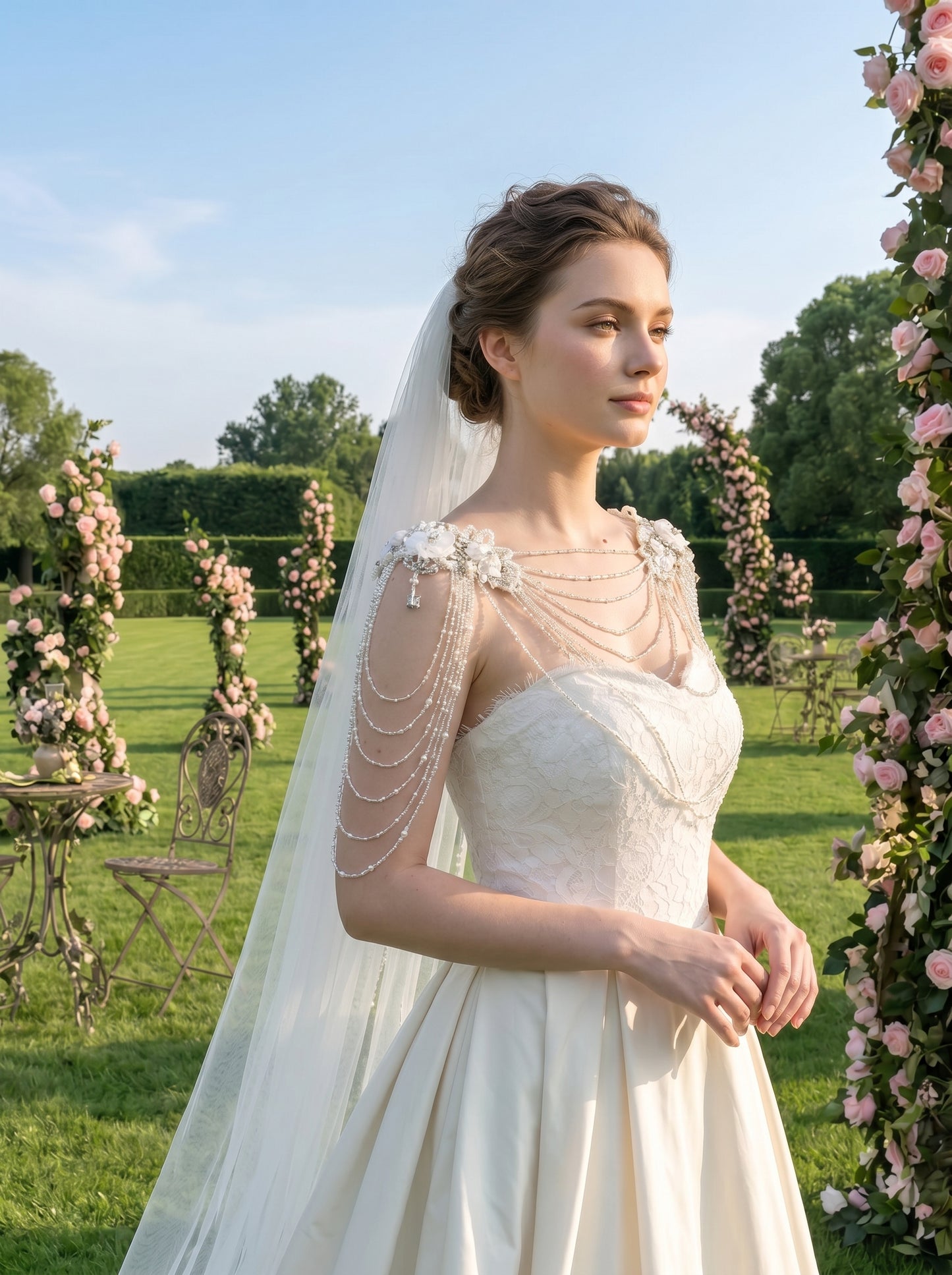 Luxury Pearl Bridal Shoulder Necklace - Beaded Wedding Body Chain Cape with Crystals and Floral Appliques for Strapless Dress  LUNA-X227
