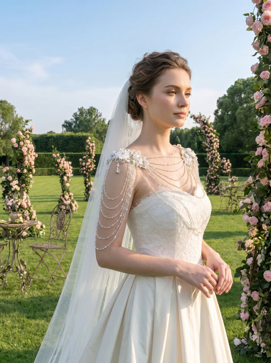 Luxury Bridal Shoulder Necklace Beaded Wedding Body Chain Cape with Shimmering Accents and Floral Appliques for Strapless Gowns | LUNA-X227