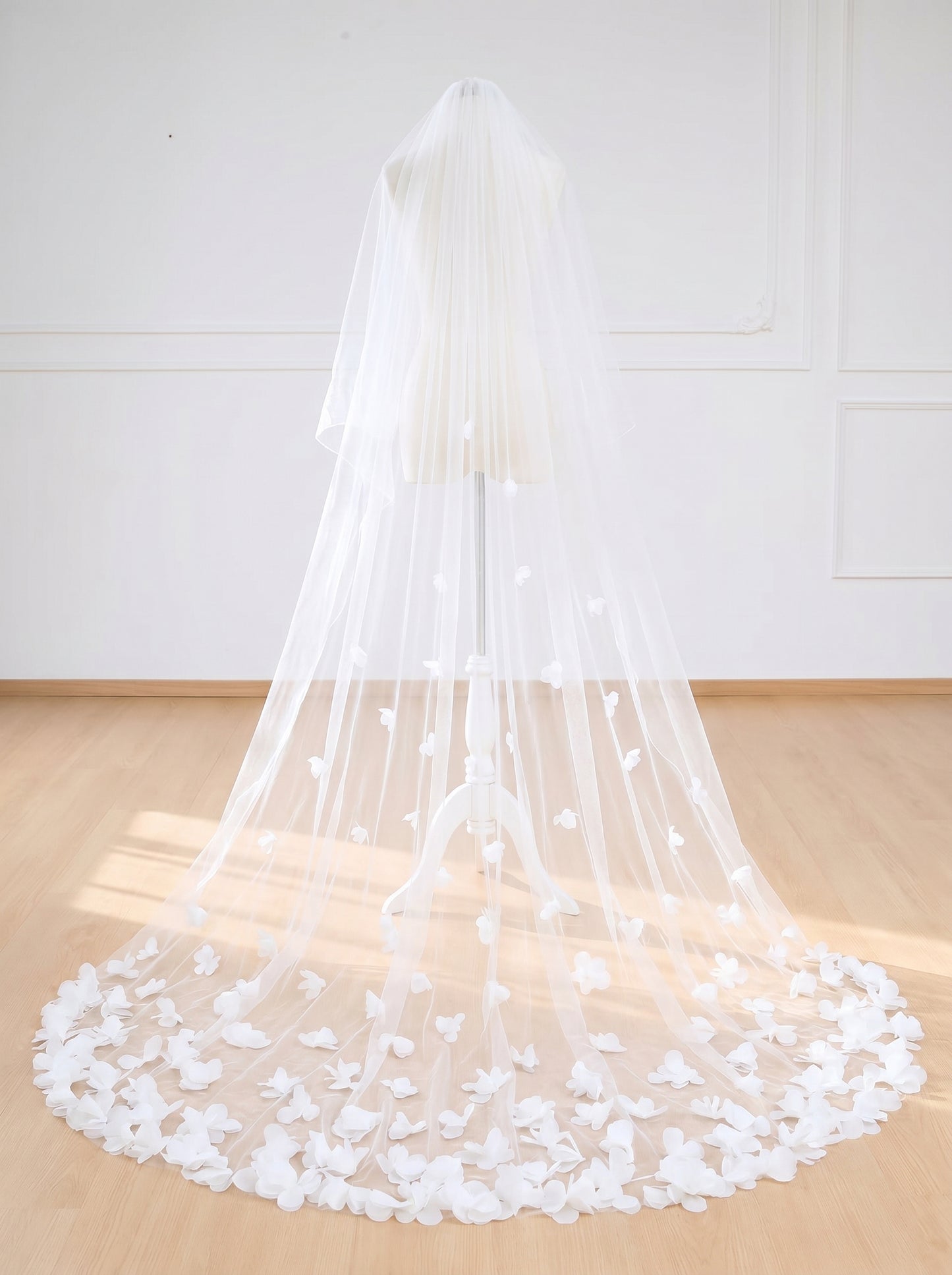 Couture 3D Floral Wedding Veil - 118" Long Handcrafted Organza Flower Cathedral Veil, No Comb for Styling Freedom LUNA-X06