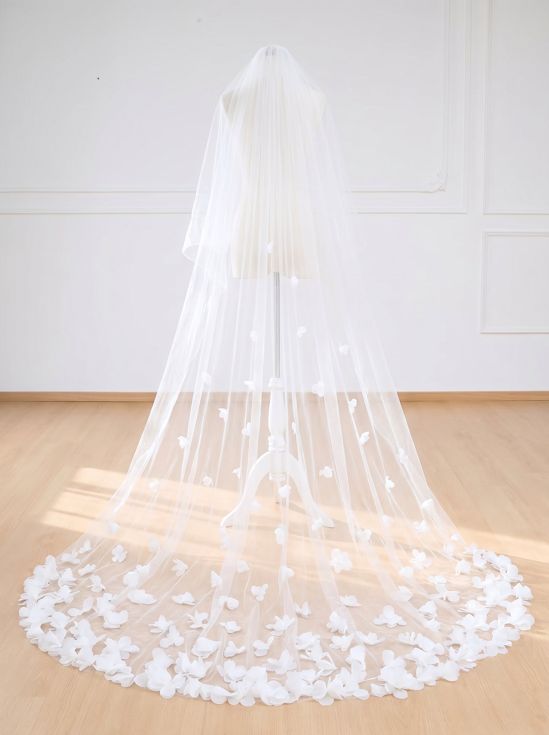 Couture 3D Floral Wedding Veil - 118 Long Handcrafted Organza Flower Cathedral Veil, No Comb for Styling Freedom LUNA-X06