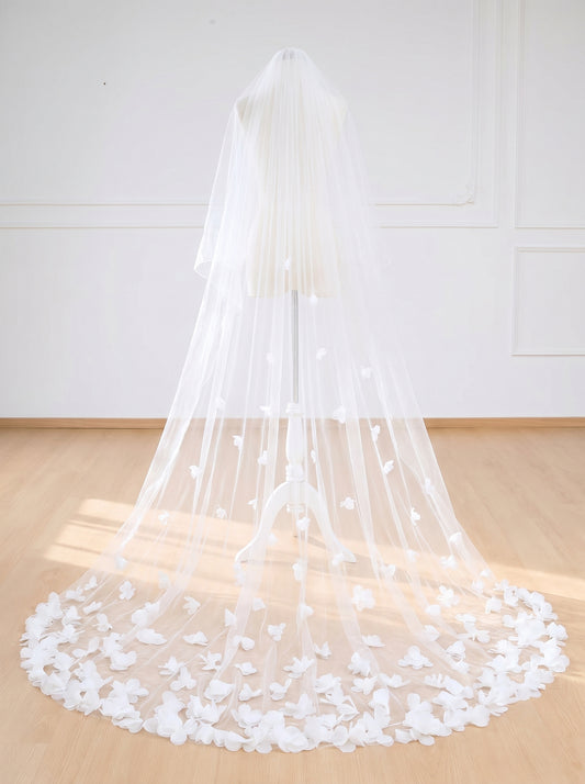 Couture 3D Floral Wedding Veil - 118 Long Handcrafted Organza Flower Cathedral Veil, No Comb for Styling Freedom LUNA-X06