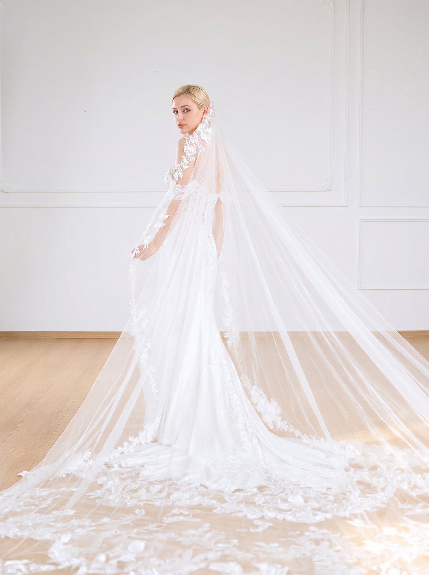Grand Cathedral Wedding Veil - 138" Extravagant Royal Tulle with Gorgeous Heavy Lace Appliqués and Secure Metal Comb  LUNA-X07
