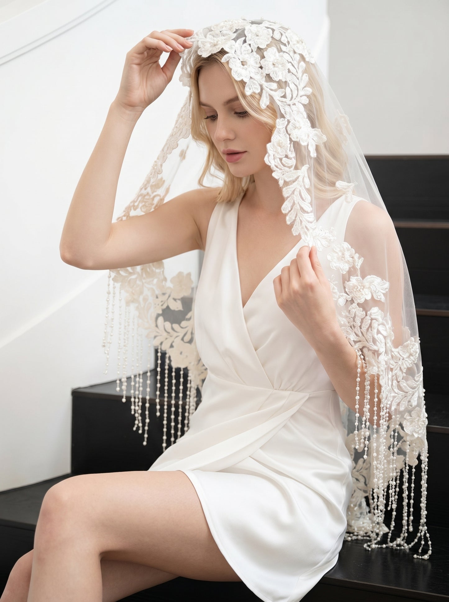 Minimalist Raw Edge Short Wedding Veil - 39" Modern Bridal Tulle, No Comb for Ultimate Styling Freedom  LUNA-X08