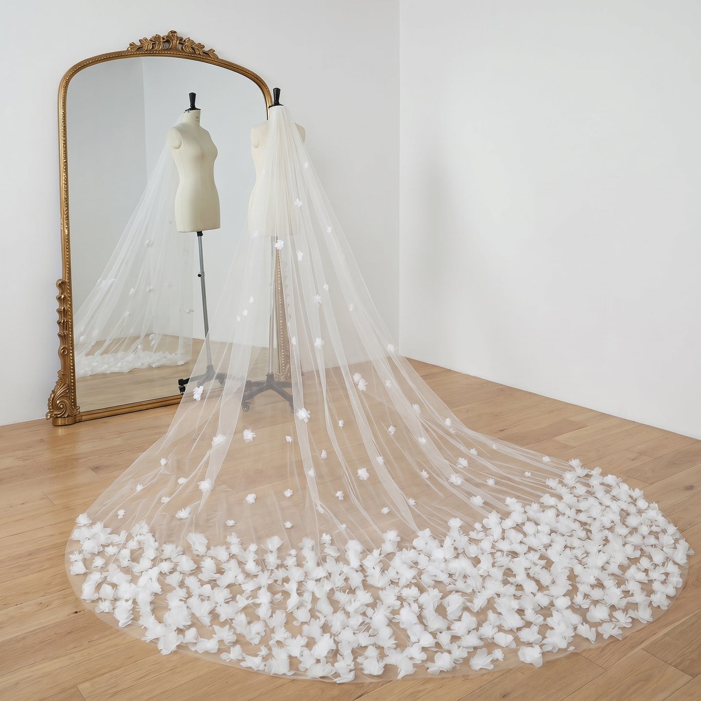 Grand Cathedral Wedding Veil - 138" Extra Long & Wide Tulle with Majestic Royal Lace Appliqués and Secure Metal Comb  LUNA-X03