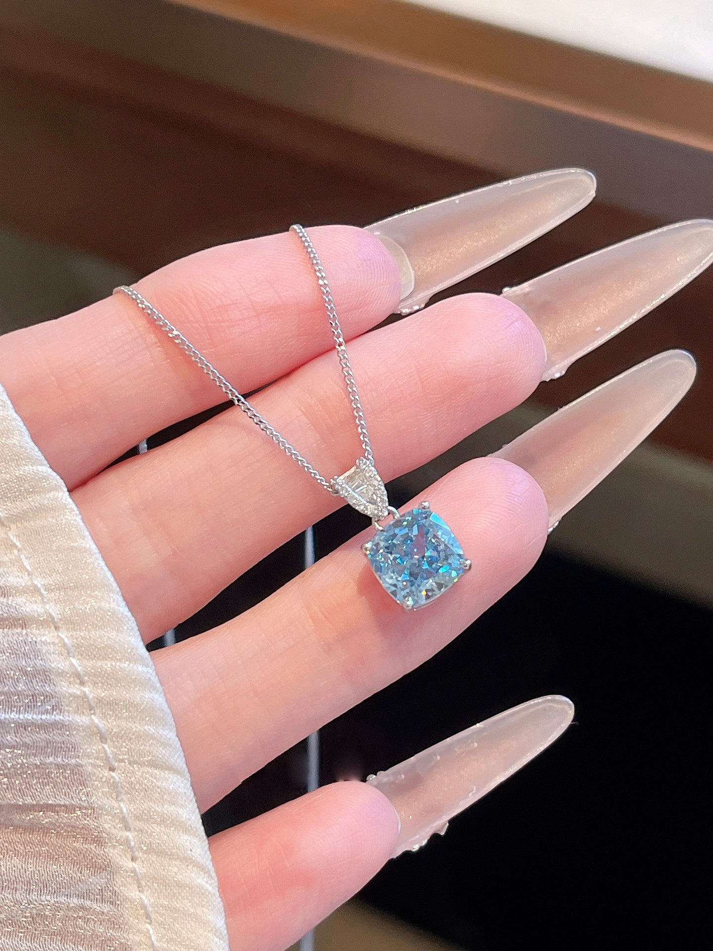 Square Aquamarine Blue Cubic Zirconia Pendant Necklace S925 Sterling Silver Dainty Thin Chain Women Wedding Daily Jewelry Gift   LUNA-X236