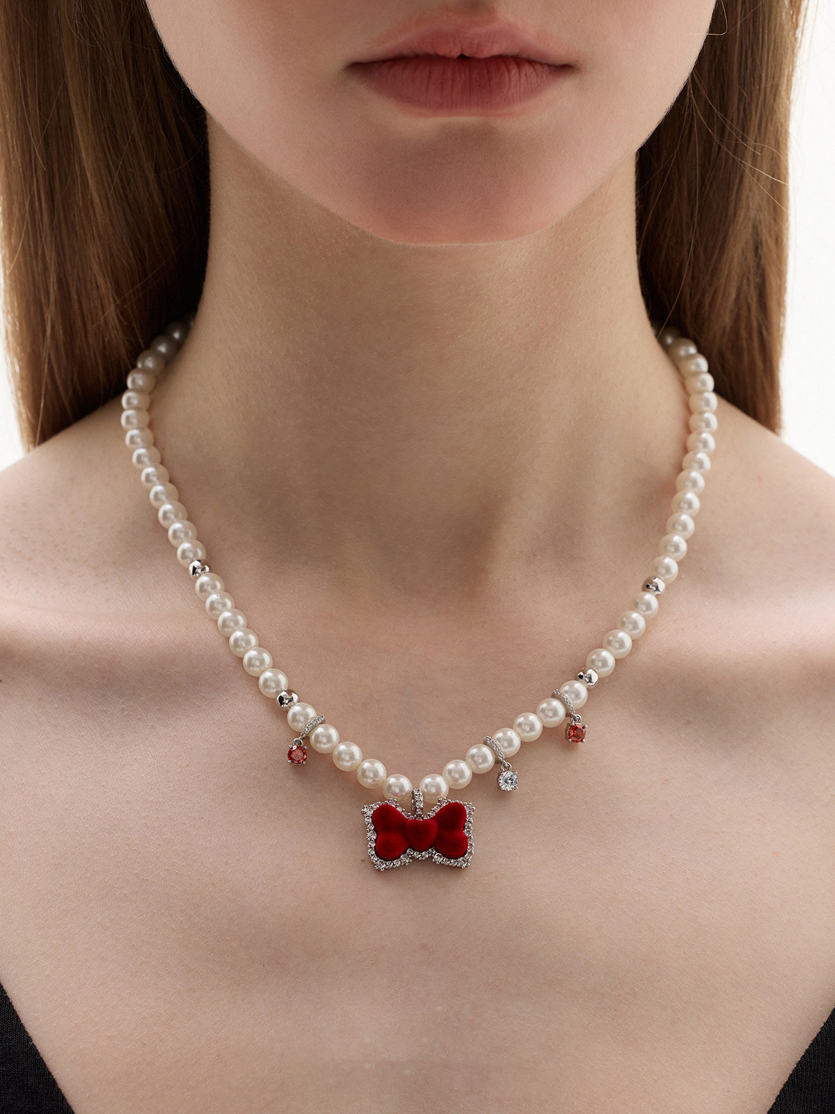 Red Velvet Bow Imitation Pearl Choker Necklace For Women Silver Plated Cubic Zirconia Dainty Crystal Drop Adjustable 42+5cm Chain Cute Sweet Lolita Party Statement Jewelry  LUNA-X275