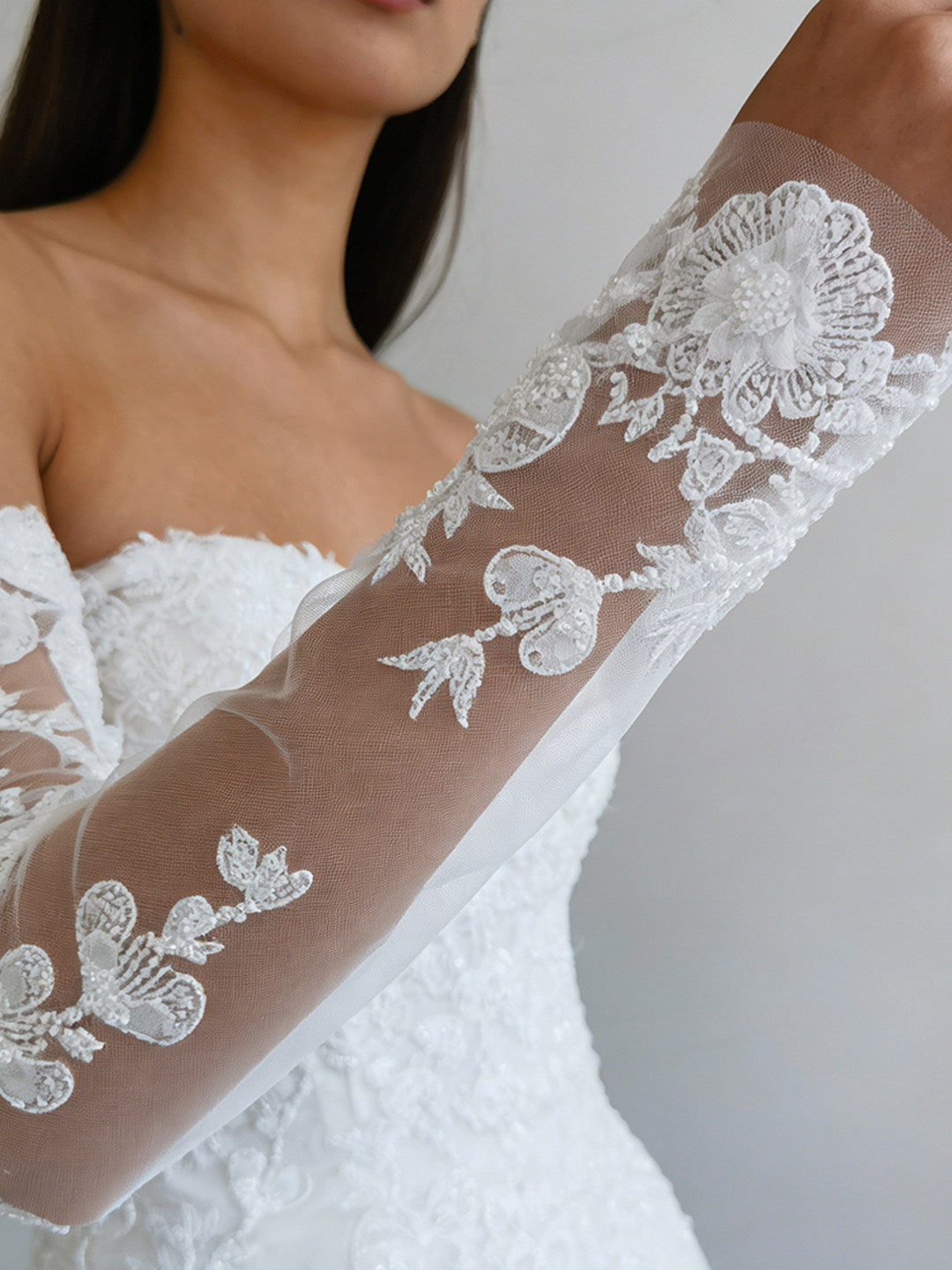 Vintage 3D Floral Bridal Sleeves - 55cm Opera Length Fingerless Wedding Gloves with Elastic Anti-Slip Cuff - Sequined White Illusion Lace Cuffs  LUNA-X323