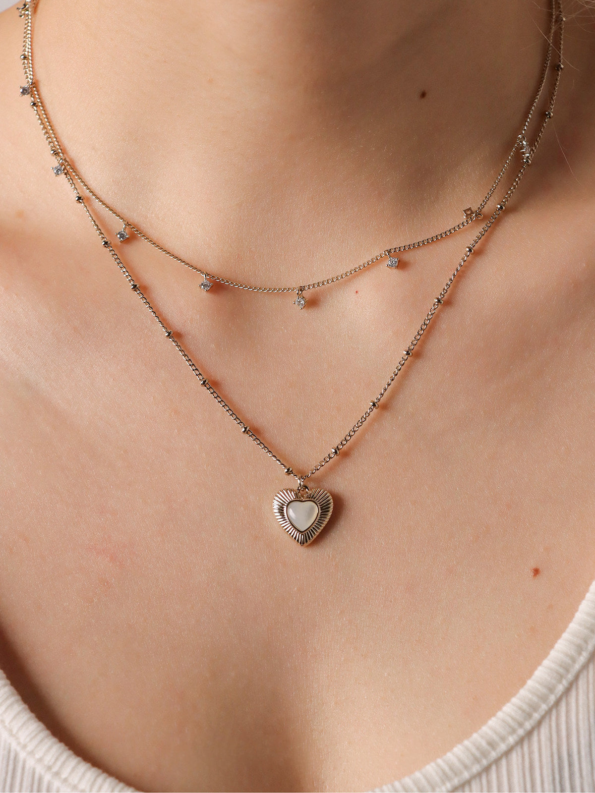 Two-Layer Star CZ & Sunburst Heart Mother of Pearl Pendant Necklace, Pale Titanium Gold Stackable Adjustable Chain for Women  LUNA-X255