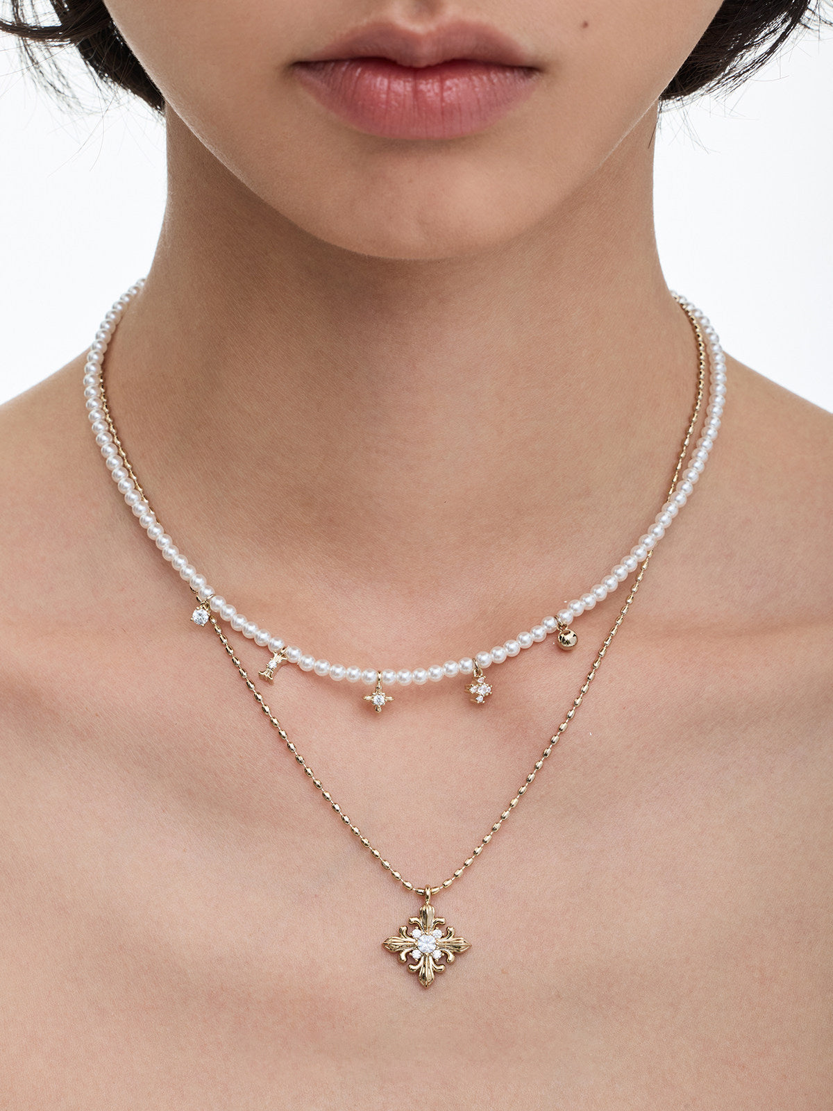 Two Layer Pearl Iris Fleur-de-Lis Necklace for Women Vintage Star Sun Zircon Pendant Dainty Stackable Bridal Jewelry Gift  LUNA-X246