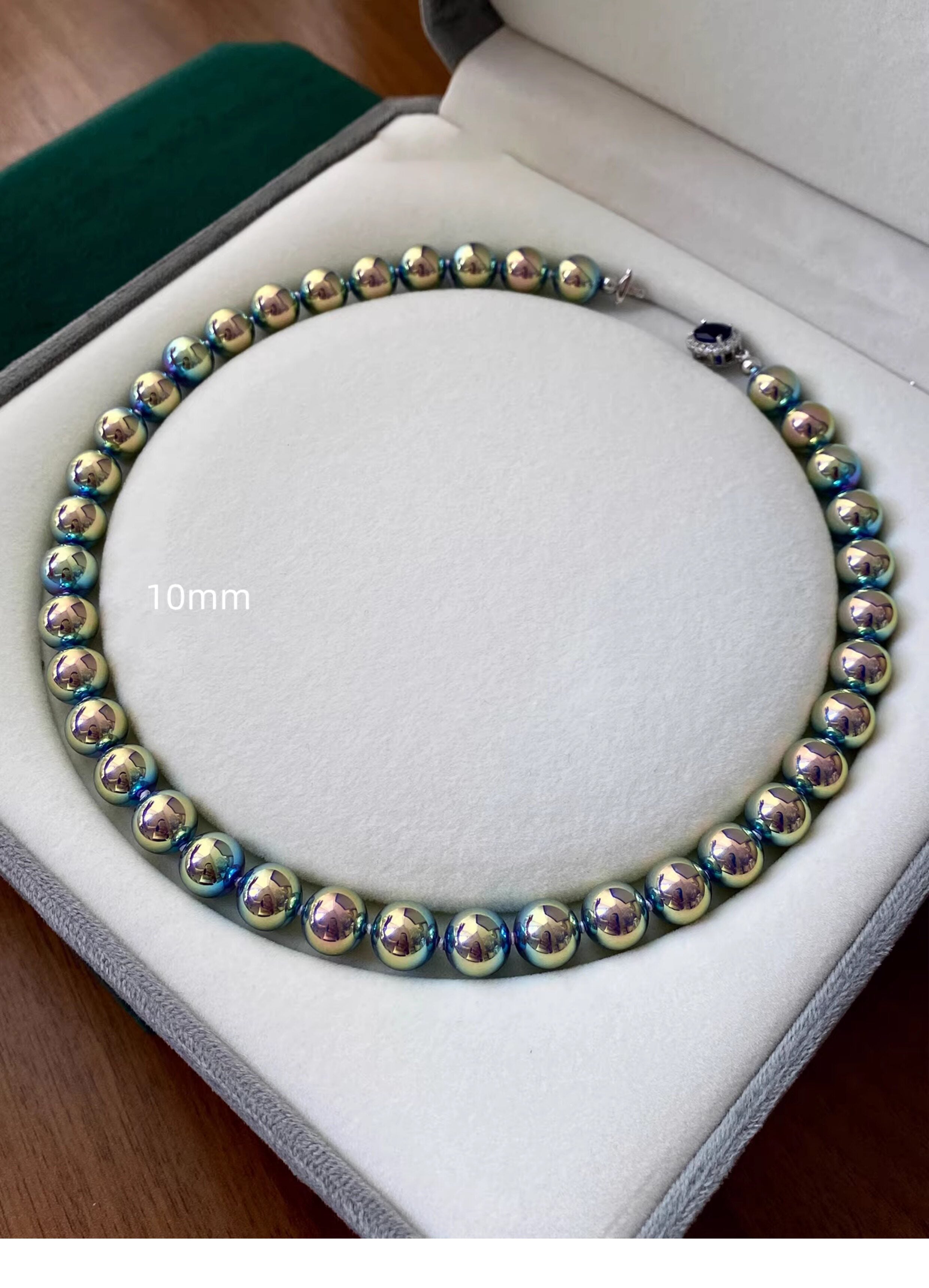 Peacock Green Australian Shell Pearl Strand Necklace for Women, 8mm & 10mm Round Iridescent Tahitian Style Pearls 42-43cm Collarbone Chain Sapphire Inlaid Windsor Clasp Luxury Formal Fine Jewelry Gift  LUNA-X303