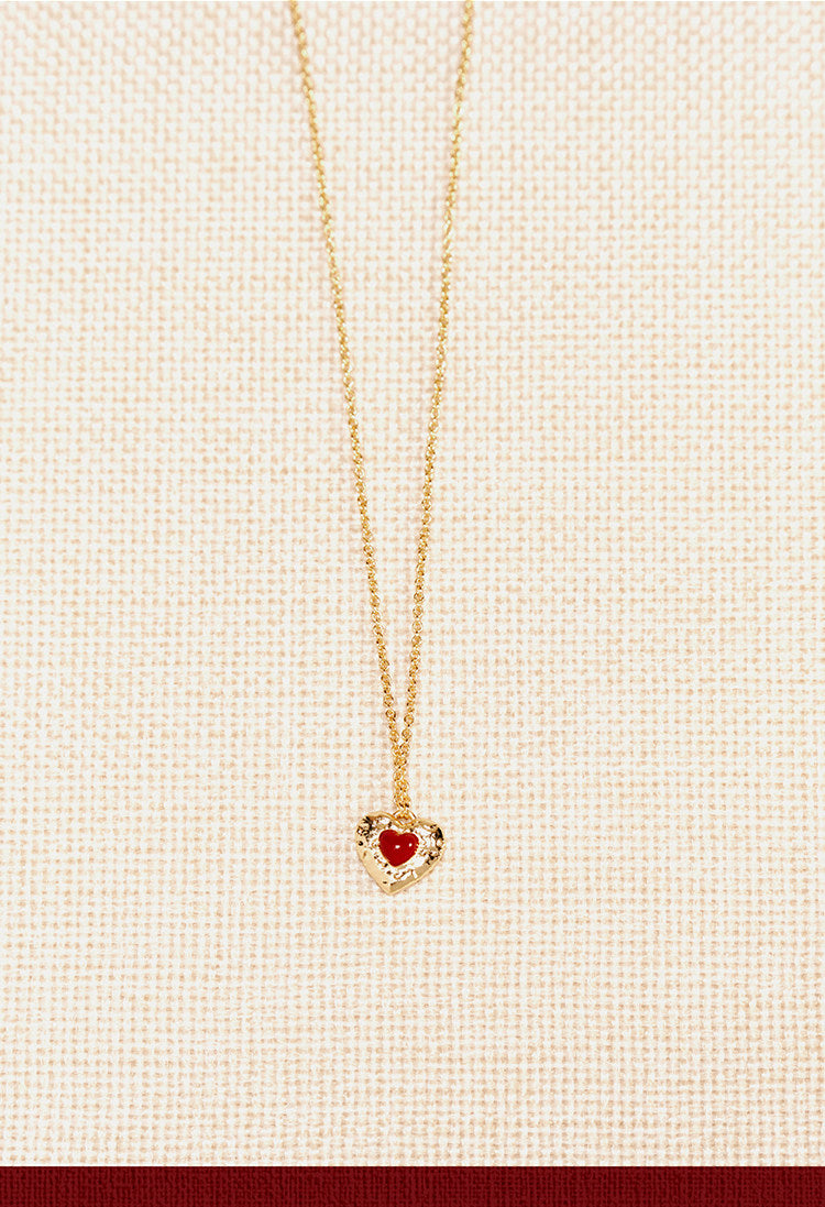 18K Gold Plated Hammered Red Enamel Heart Pendant Necklace For Women Dainty Adjustable 40+5cm Cable Chain Minimalist Romantic Valentines Daily Layering Jewelry Gift For Girlfriend LUNA-X278