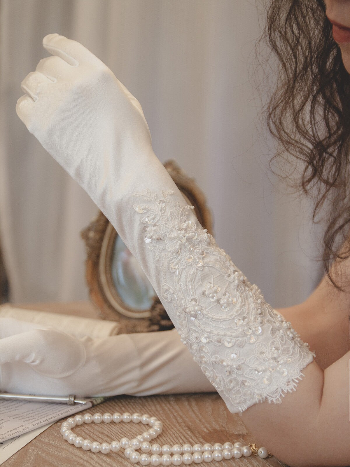 White Satin Bridal Gloves - 35cm Below Elbow Length Wedding Gloves with Hand-Beaded imitation pearls & Sequins - Vintage Regencycore Heavy Lace Prom Mittens LUNA-X308