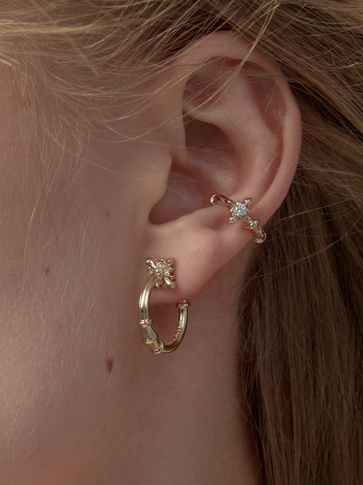 French Iris Bamboo Textured C Hoop Earrings For Women S925 Silver Post Zircon Four Point Star Detail Two Tone Silver Light Titanium Gold Dainty Vintage Daily Jewelry  LUNA-X271