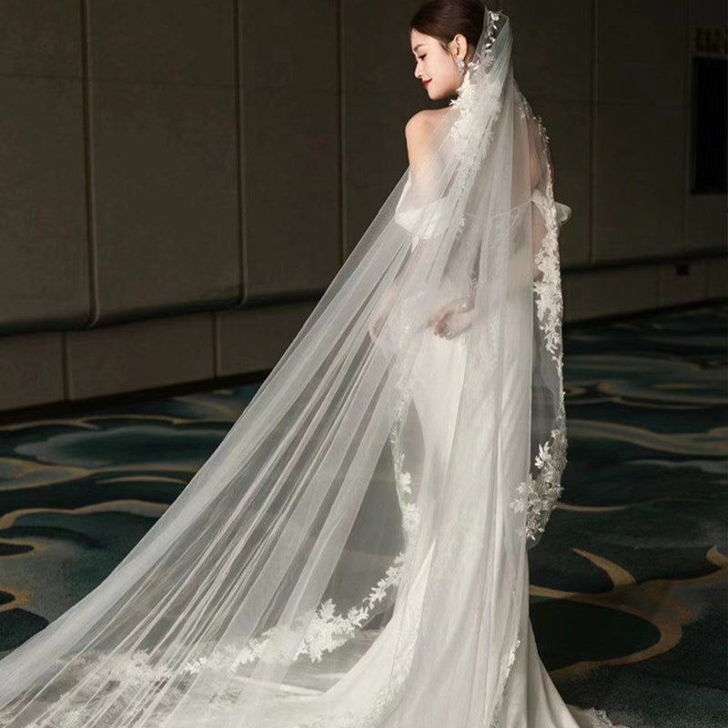 Grand Cathedral Wedding Veil - 138 Extravagant Royal Tulle with Gorgeous Heavy Lace Appliques and Secure Metal Comb  LUNA-X07